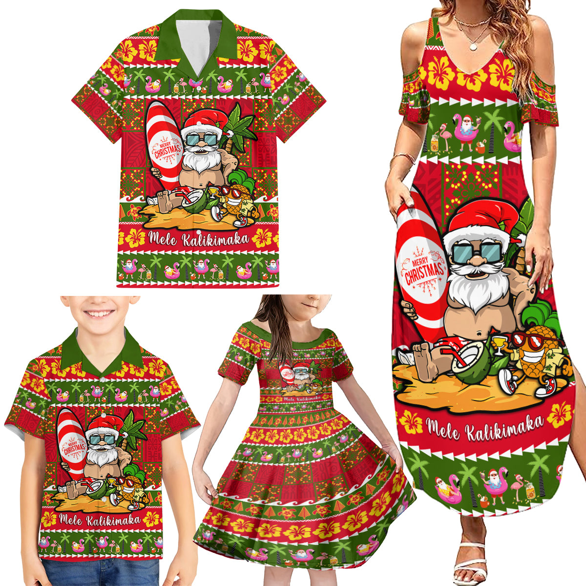 Personalised Hawaii Surfing Santa Christmas Family Matching Summer Maxi Dress and Hawaiian Shirt Tropical Pineapple Mele Kalikimaka Quilt Pattern LT14 - Polynesian Pride