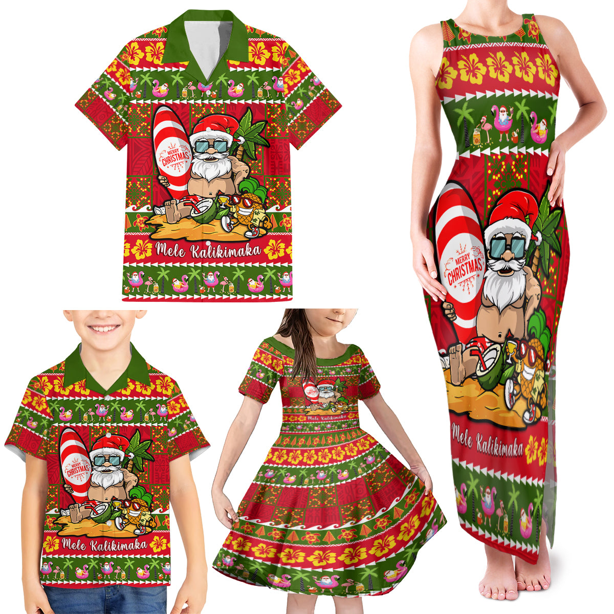 Personalised Hawaii Surfing Santa Christmas Family Matching Tank Maxi Dress and Hawaiian Shirt Tropical Pineapple Mele Kalikimaka Quilt Pattern LT14 - Polynesian Pride