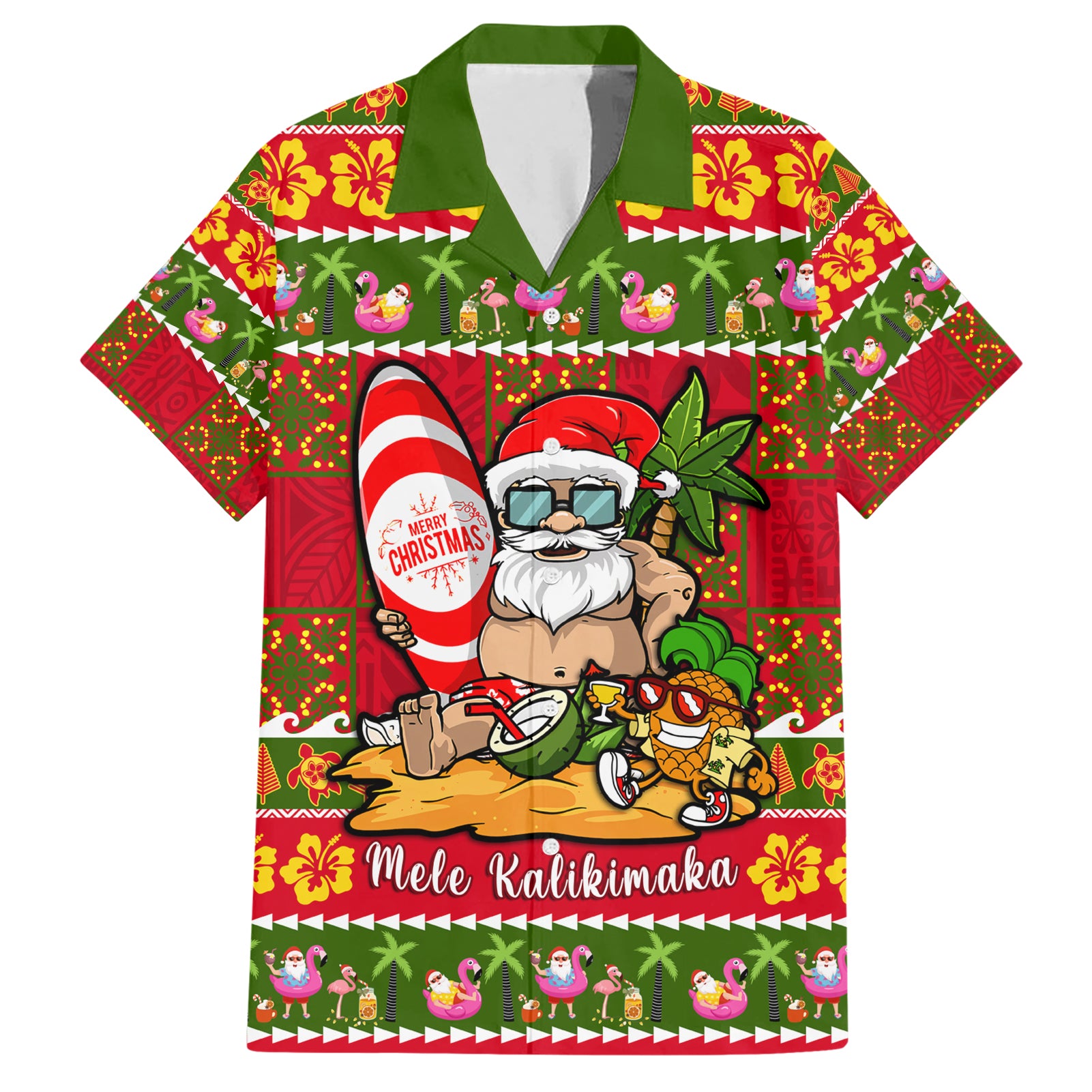 Personalised Hawaii Surfing Santa Christmas Hawaiian Shirt Tropical Pineapple Mele Kalikimaka Quilt Pattern LT14 Red - Polynesian Pride