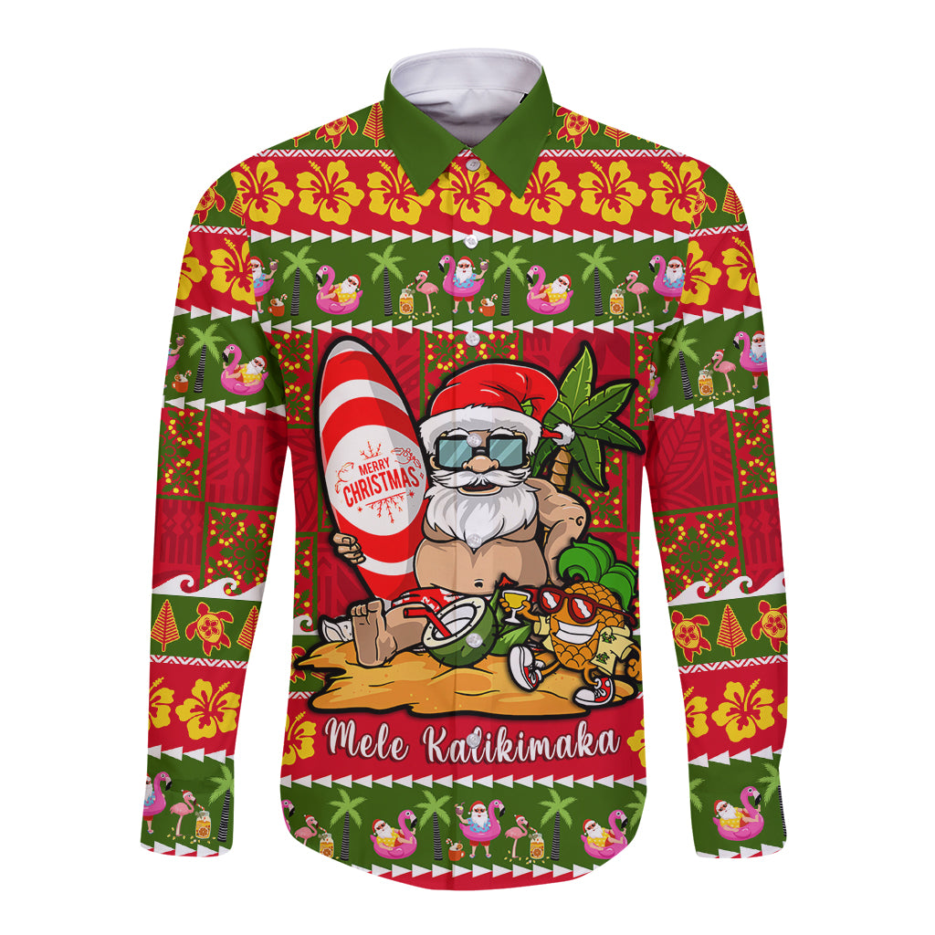 Personalised Hawaii Surfing Santa Christmas Long Sleeve Button Shirt Tropical Pineapple Mele Kalikimaka Quilt Pattern LT14 Unisex Red - Polynesian Pride