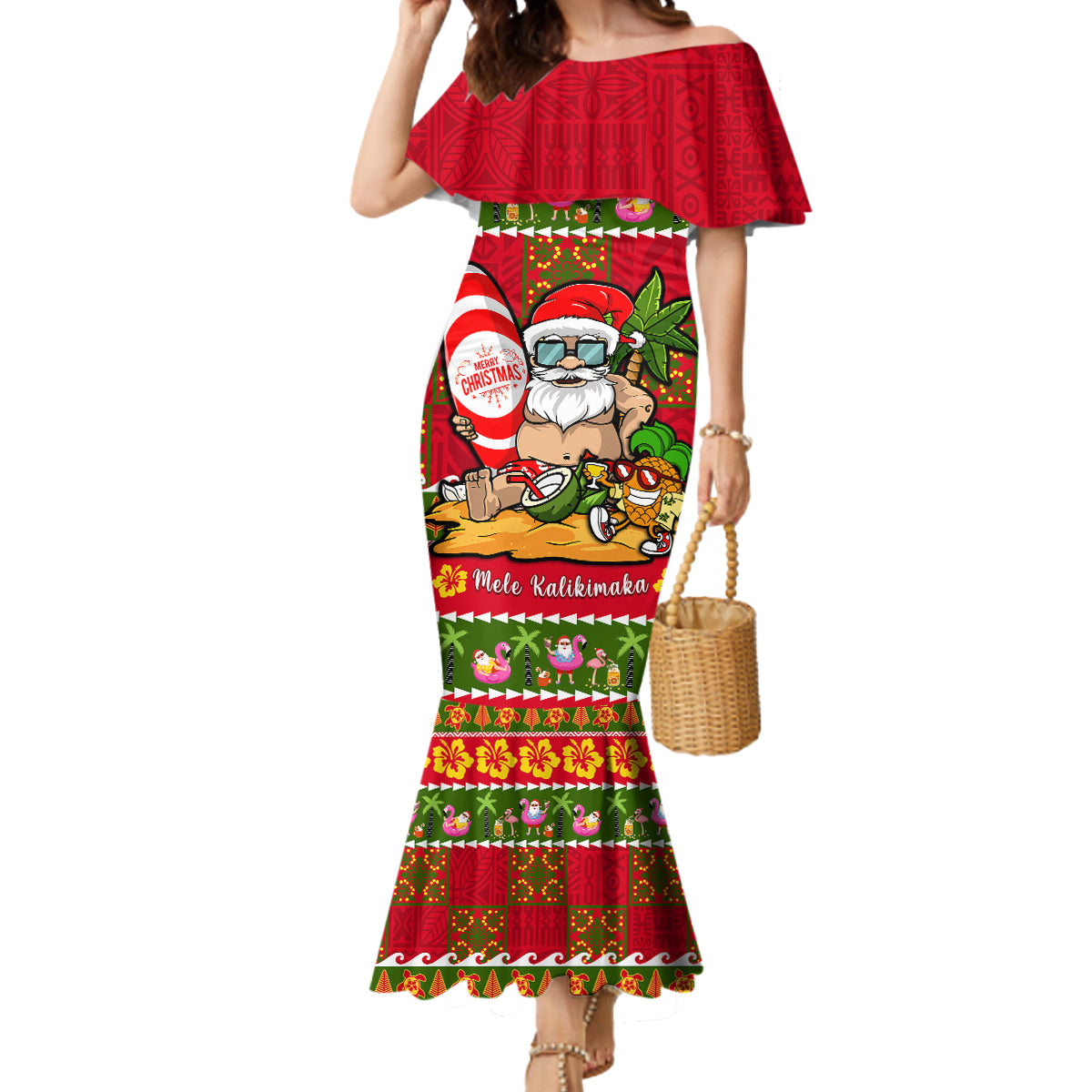 Personalised Hawaii Surfing Santa Christmas Mermaid Dress Tropical Pineapple Mele Kalikimaka Quilt Pattern LT14 Women Red - Polynesian Pride