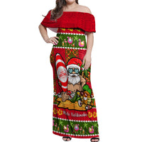 Personalised Hawaii Surfing Santa Christmas Off Shoulder Maxi Dress Tropical Pineapple Mele Kalikimaka Quilt Pattern LT14 Women Red - Polynesian Pride