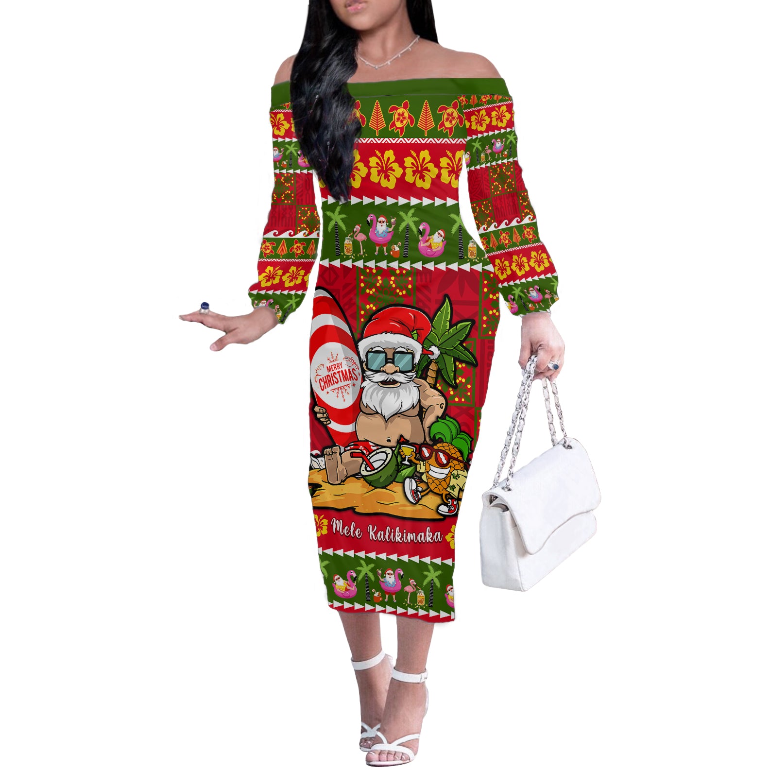 Personalised Hawaii Surfing Santa Christmas Off The Shoulder Long Sleeve Dress Tropical Pineapple Mele Kalikimaka Quilt Pattern LT14 Women Red - Polynesian Pride