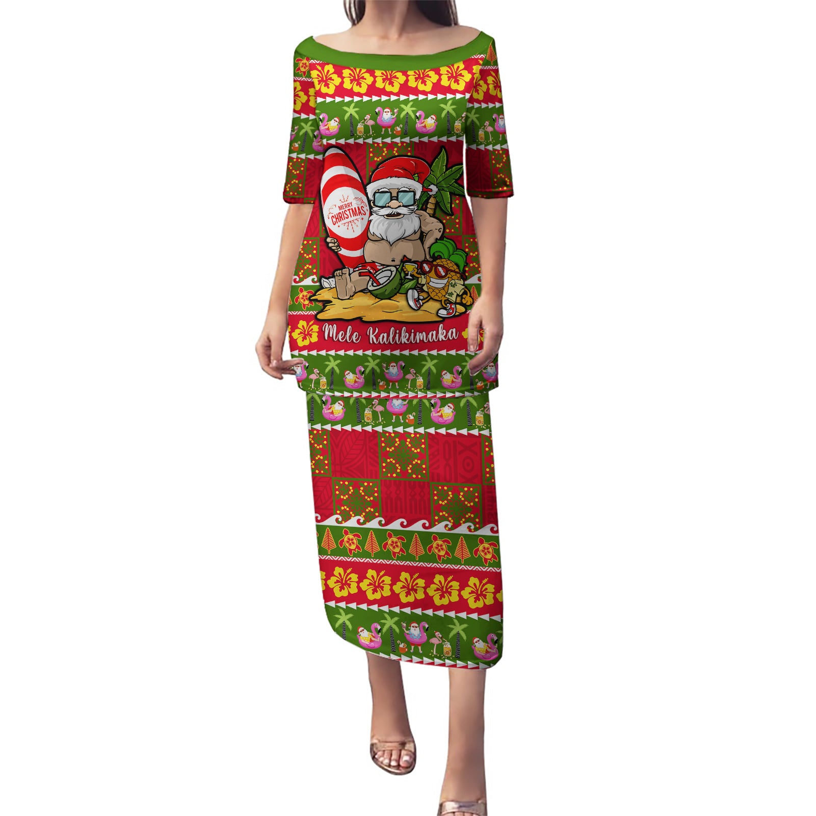 Personalised Hawaii Surfing Santa Christmas Puletasi Tropical Pineapple Mele Kalikimaka Quilt Pattern LT14 Long Dress Red - Polynesian Pride