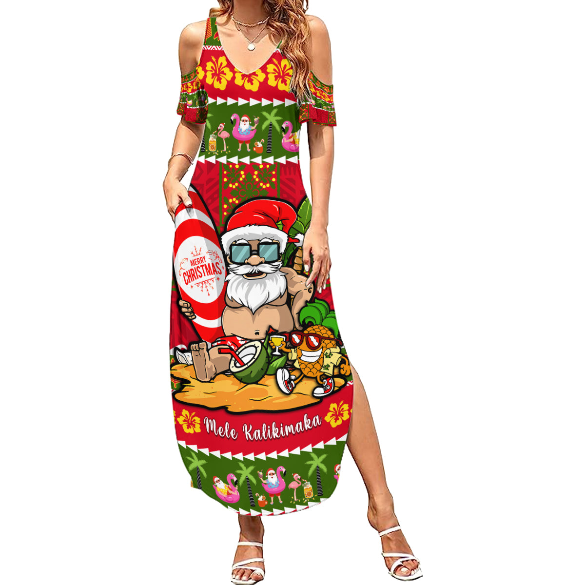 Personalised Hawaii Surfing Santa Christmas Summer Maxi Dress Tropical Pineapple Mele Kalikimaka Quilt Pattern LT14 Women Red - Polynesian Pride