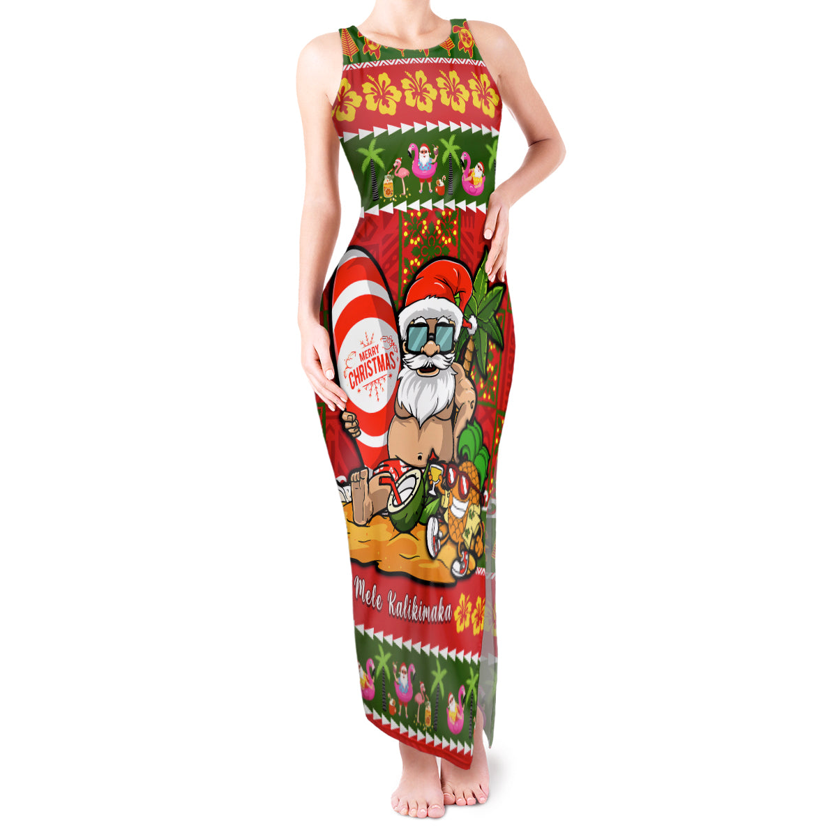 Personalised Hawaii Surfing Santa Christmas Tank Maxi Dress Tropical Pineapple Mele Kalikimaka Quilt Pattern LT14 Women Red - Polynesian Pride