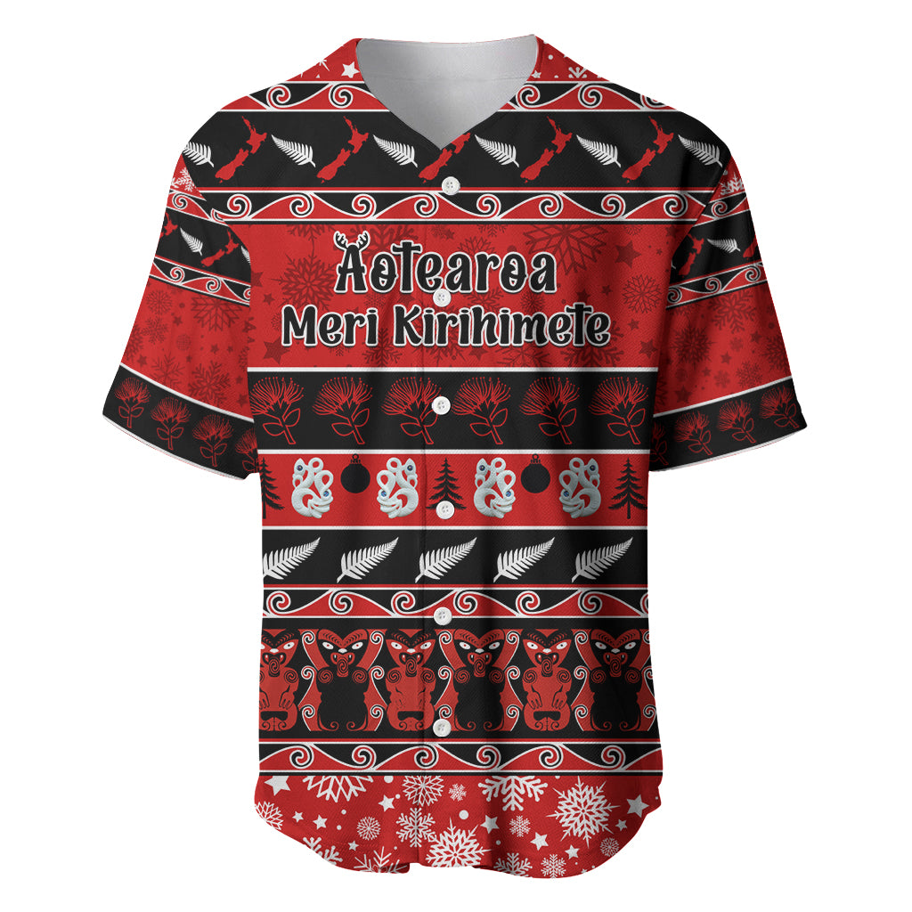 Personalised New Zealand Christmas Baseball Jersey Aotearoa Kiwi Meri Kirihimete Red Version LT14 Red - Polynesian Pride