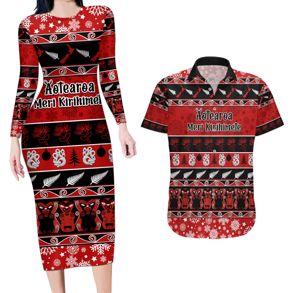 Personalised New Zealand Christmas Couples Matching Long Sleeve Bodycon Dress and Hawaiian Shirt Aotearoa Kiwi Meri Kirihimete Red Version LT14 Red - Polynesian Pride