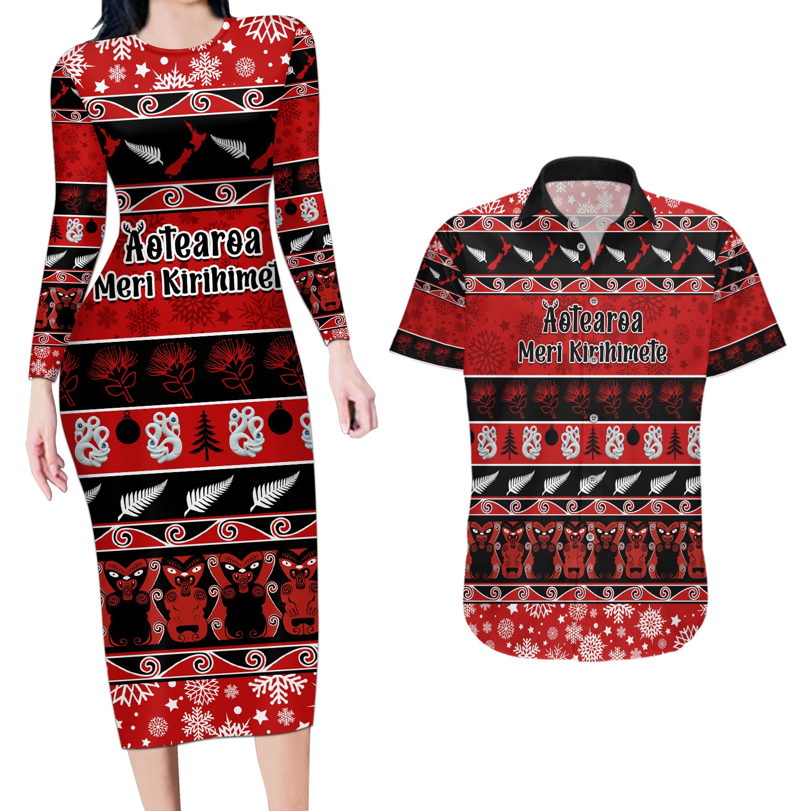 Personalised New Zealand Christmas Couples Matching Long Sleeve Bodycon Dress and Hawaiian Shirt Aotearoa Kiwi Meri Kirihimete Red Version LT14 Red - Polynesian Pride