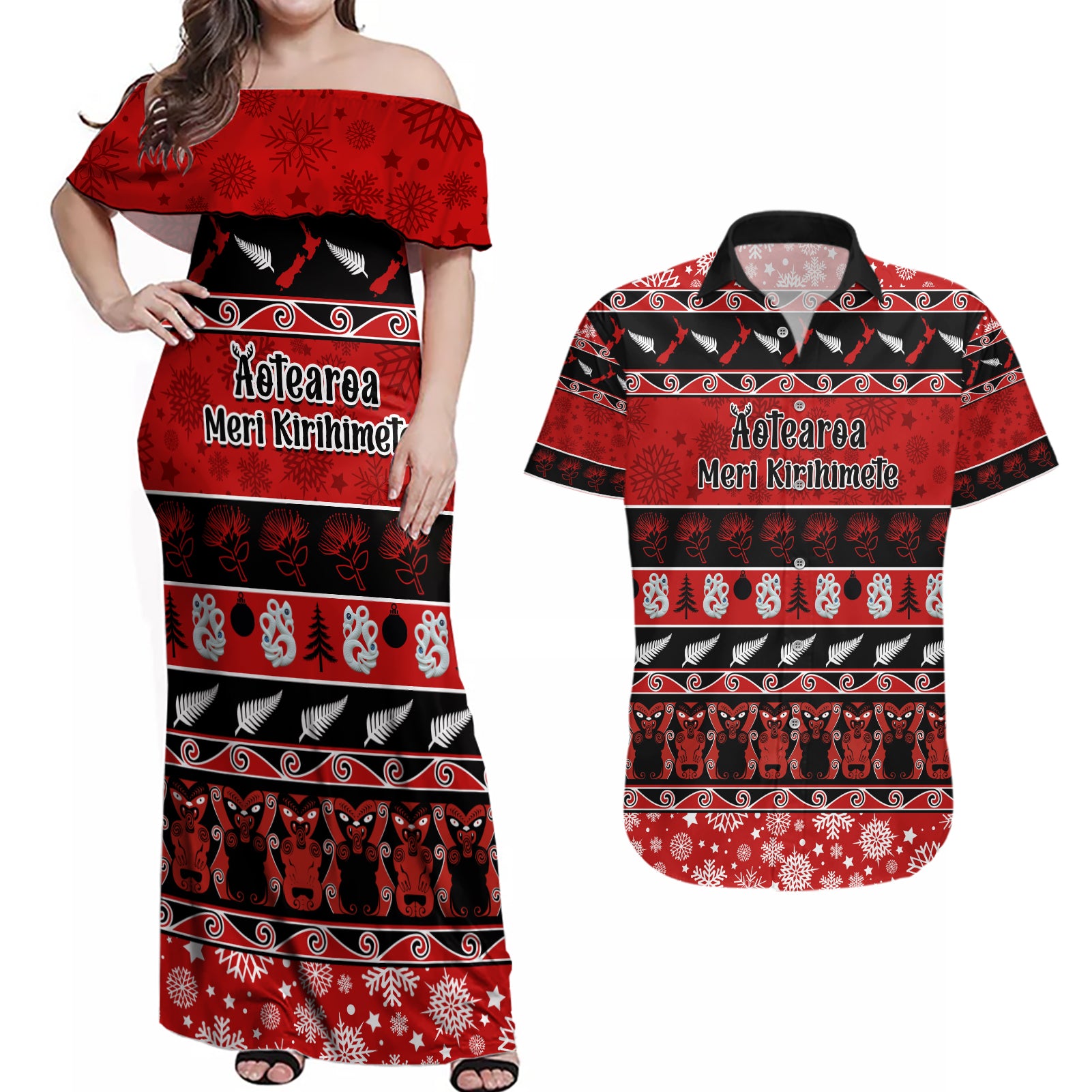 Personalised New Zealand Christmas Couples Matching Off Shoulder Maxi Dress and Hawaiian Shirt Aotearoa Kiwi Meri Kirihimete Red Version LT14 Red - Polynesian Pride