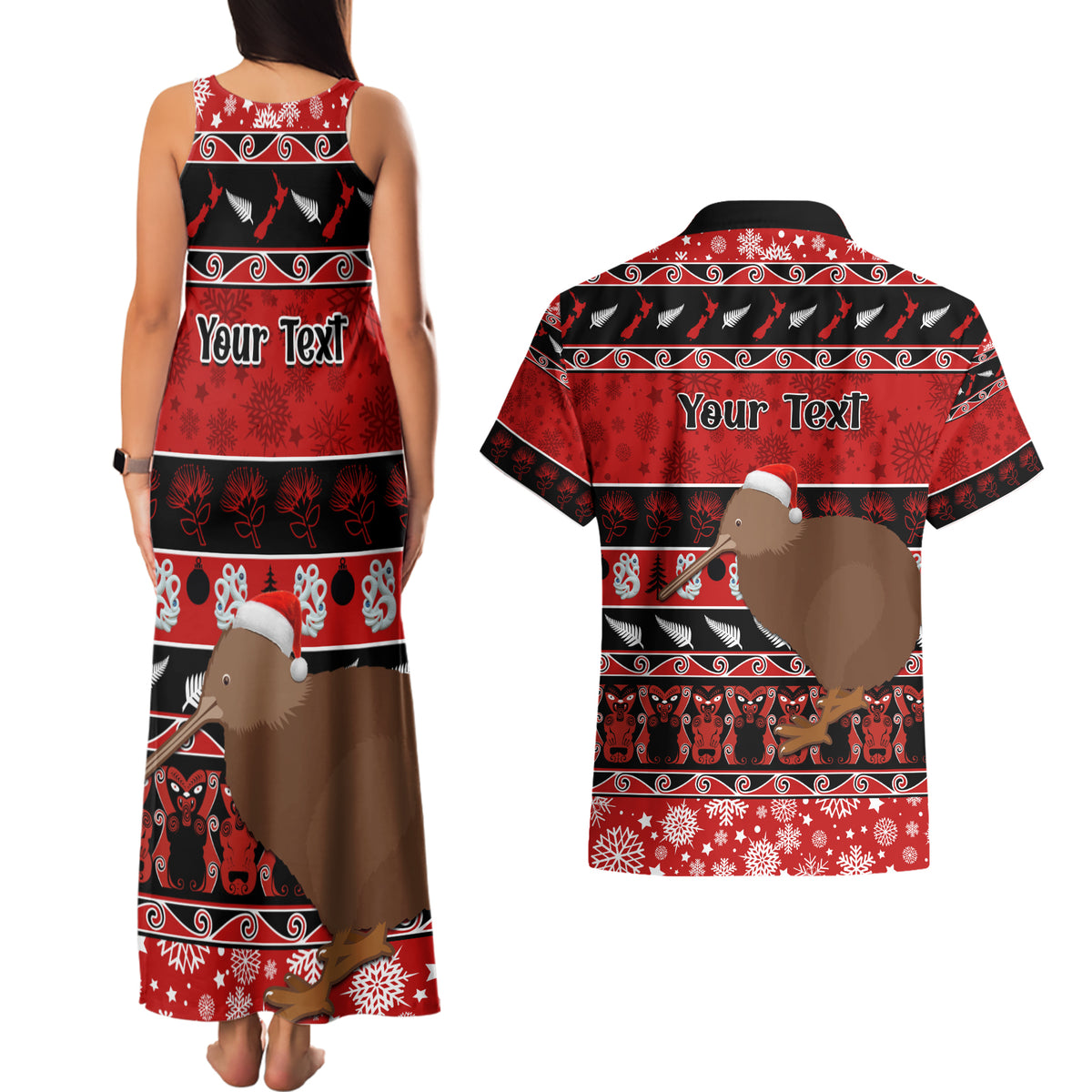 Personalised New Zealand Christmas Couples Matching Tank Maxi Dress and Hawaiian Shirt Aotearoa Kiwi Meri Kirihimete Red Version LT14 - Polynesian Pride