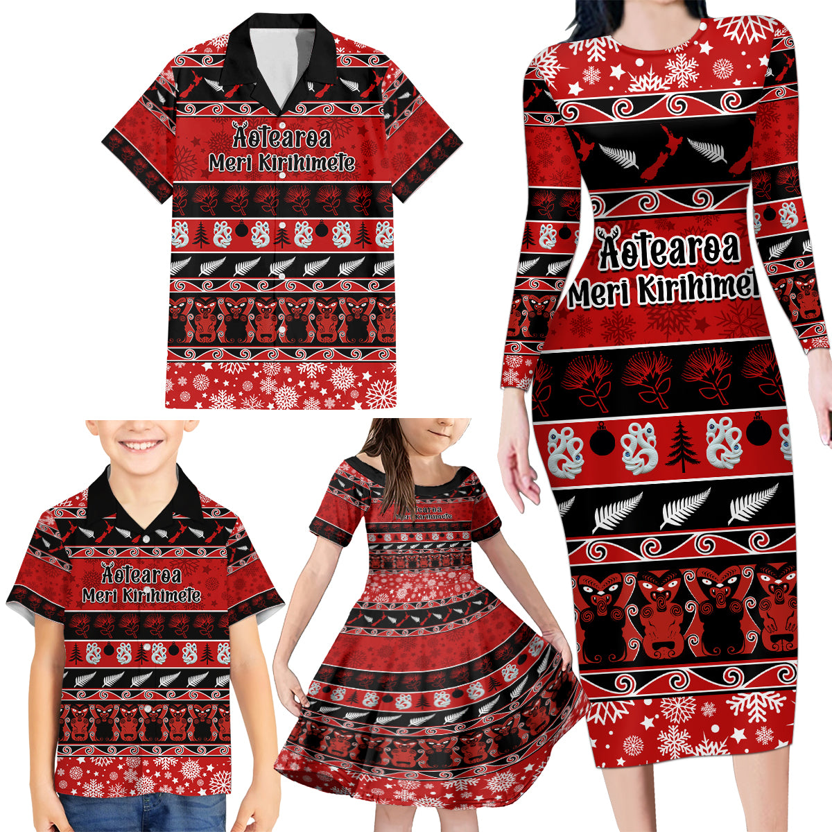 Personalised New Zealand Christmas Family Matching Long Sleeve Bodycon Dress and Hawaiian Shirt Aotearoa Kiwi Meri Kirihimete Red Version LT14 - Polynesian Pride