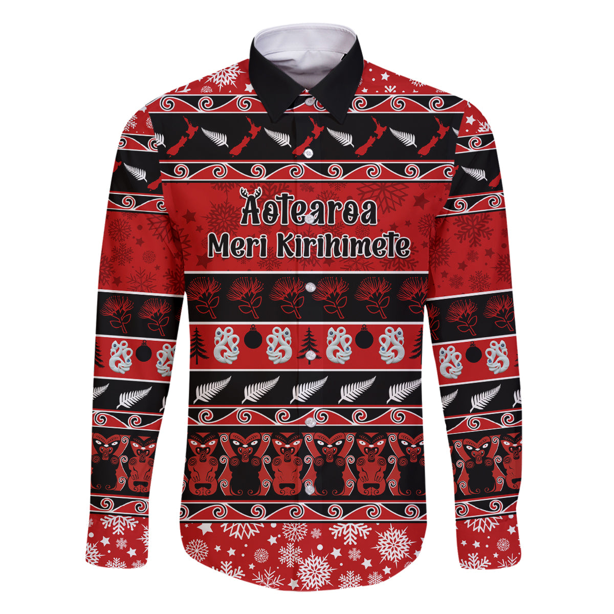 Personalised New Zealand Christmas Family Matching Long Sleeve Bodycon Dress and Hawaiian Shirt Aotearoa Kiwi Meri Kirihimete Red Version LT14 Dad's Shirt - Long Sleeve Red - Polynesian Pride