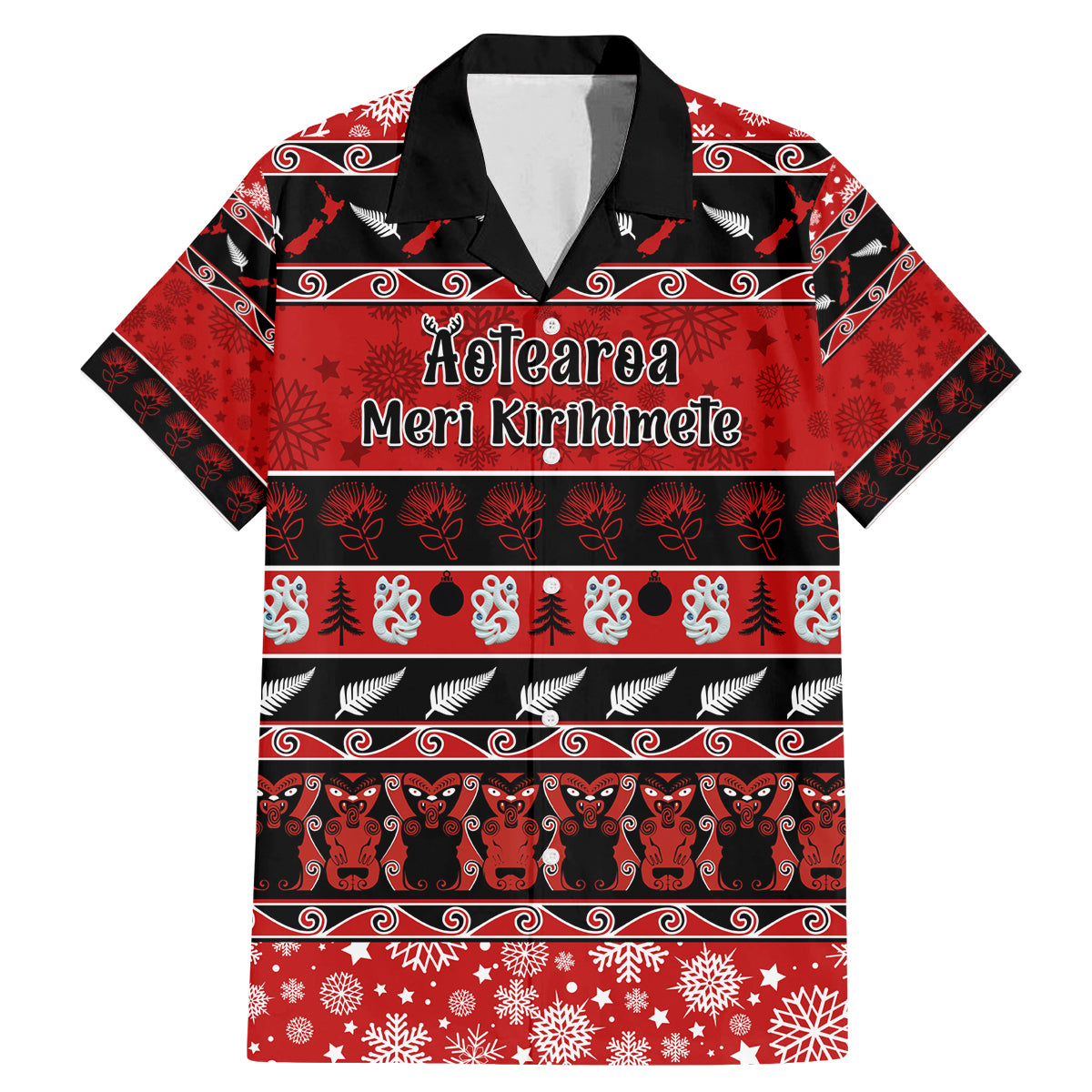 Personalised New Zealand Christmas Family Matching Mermaid Dress and Hawaiian Shirt Aotearoa Kiwi Meri Kirihimete Red Version LT14 Dad's Shirt - Short Sleeve Red - Polynesian Pride