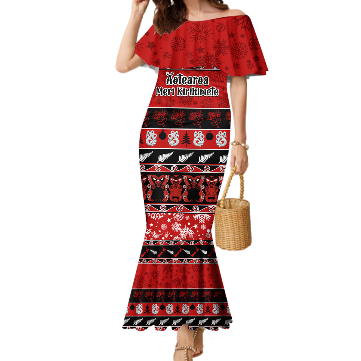Personalised New Zealand Christmas Family Matching Mermaid Dress and Hawaiian Shirt Aotearoa Kiwi Meri Kirihimete Red Version LT14 Mom's Dress Red - Polynesian Pride