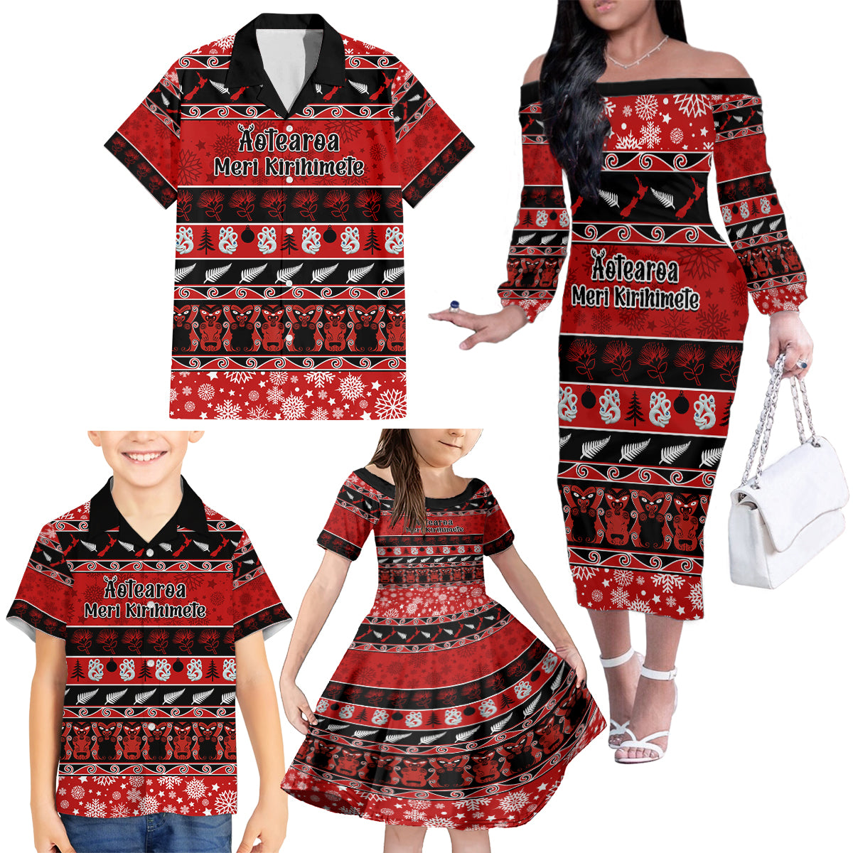 Personalised New Zealand Christmas Family Matching Off Shoulder Long Sleeve Dress and Hawaiian Shirt Aotearoa Kiwi Meri Kirihimete Red Version LT14 - Polynesian Pride