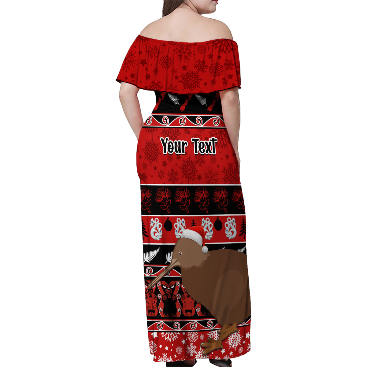 Personalised New Zealand Christmas Family Matching Off Shoulder Maxi Dress and Hawaiian Shirt Aotearoa Kiwi Meri Kirihimete Red Version LT14 - Polynesian Pride