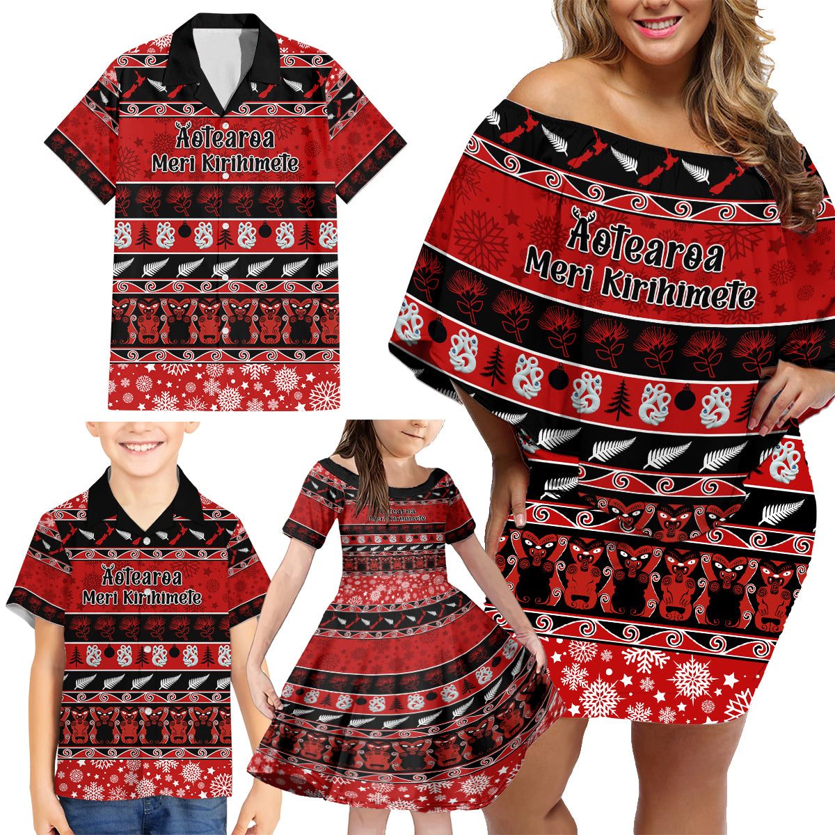 Personalised New Zealand Christmas Family Matching Off Shoulder Short Dress and Hawaiian Shirt Aotearoa Kiwi Meri Kirihimete Red Version LT14 - Polynesian Pride