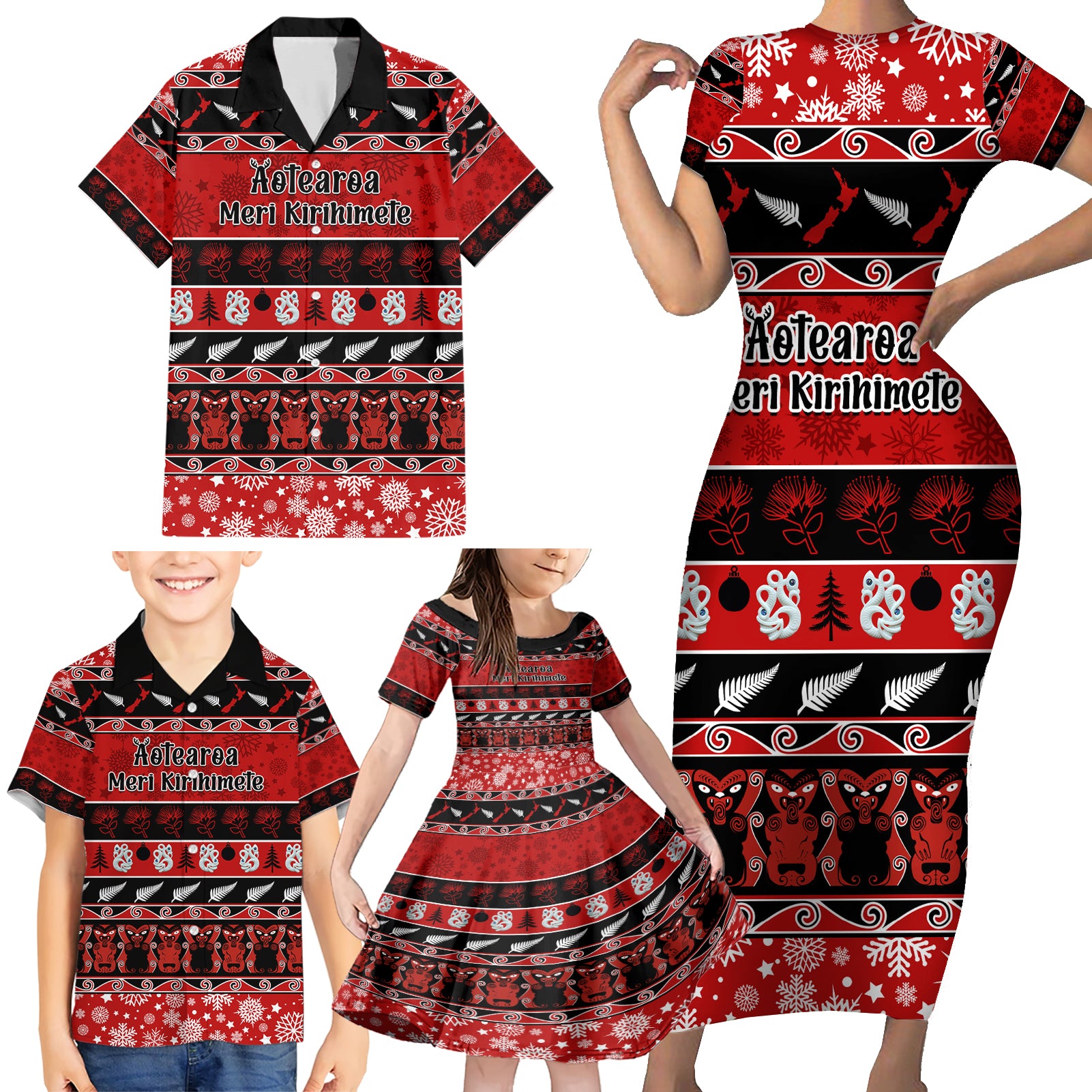 Personalised New Zealand Christmas Family Matching Short Sleeve Bodycon Dress and Hawaiian Shirt Aotearoa Kiwi Meri Kirihimete Red Version LT14 - Polynesian Pride