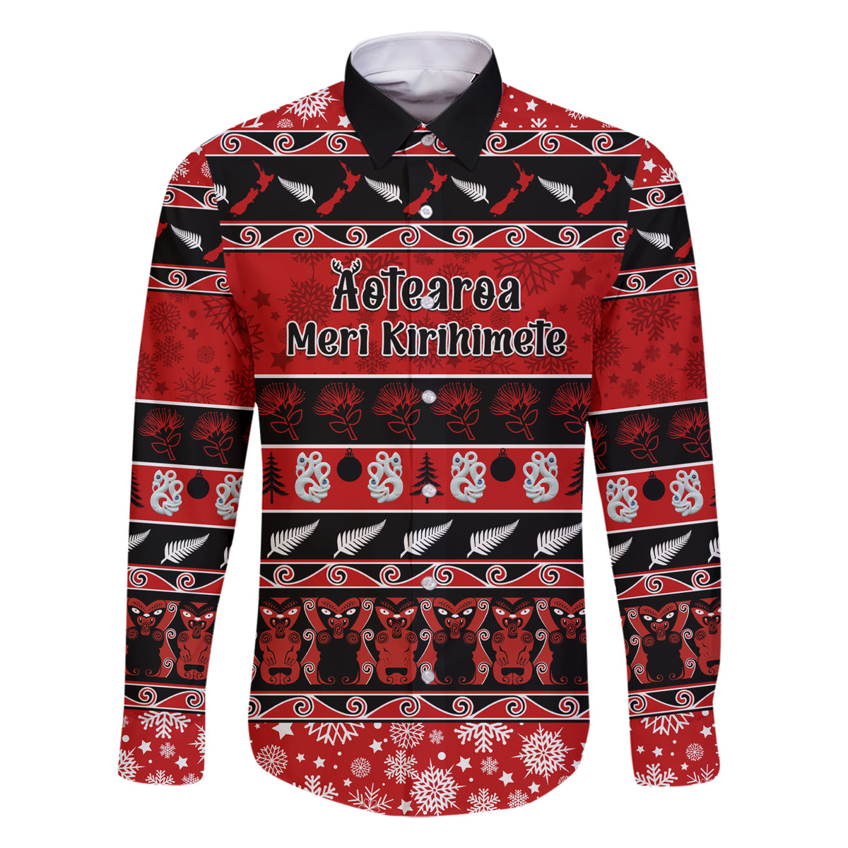 Personalised New Zealand Christmas Family Matching Short Sleeve Bodycon Dress and Hawaiian Shirt Aotearoa Kiwi Meri Kirihimete Red Version LT14 Dad's Shirt - Long Sleeve Red - Polynesian Pride