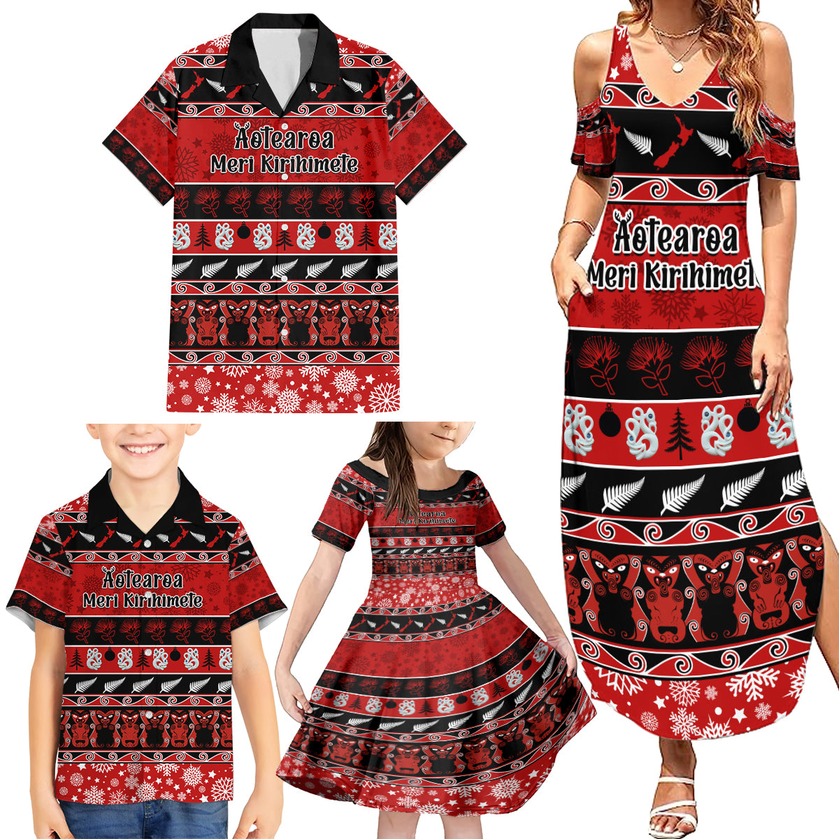 Personalised New Zealand Christmas Family Matching Summer Maxi Dress and Hawaiian Shirt Aotearoa Kiwi Meri Kirihimete Red Version LT14 - Polynesian Pride