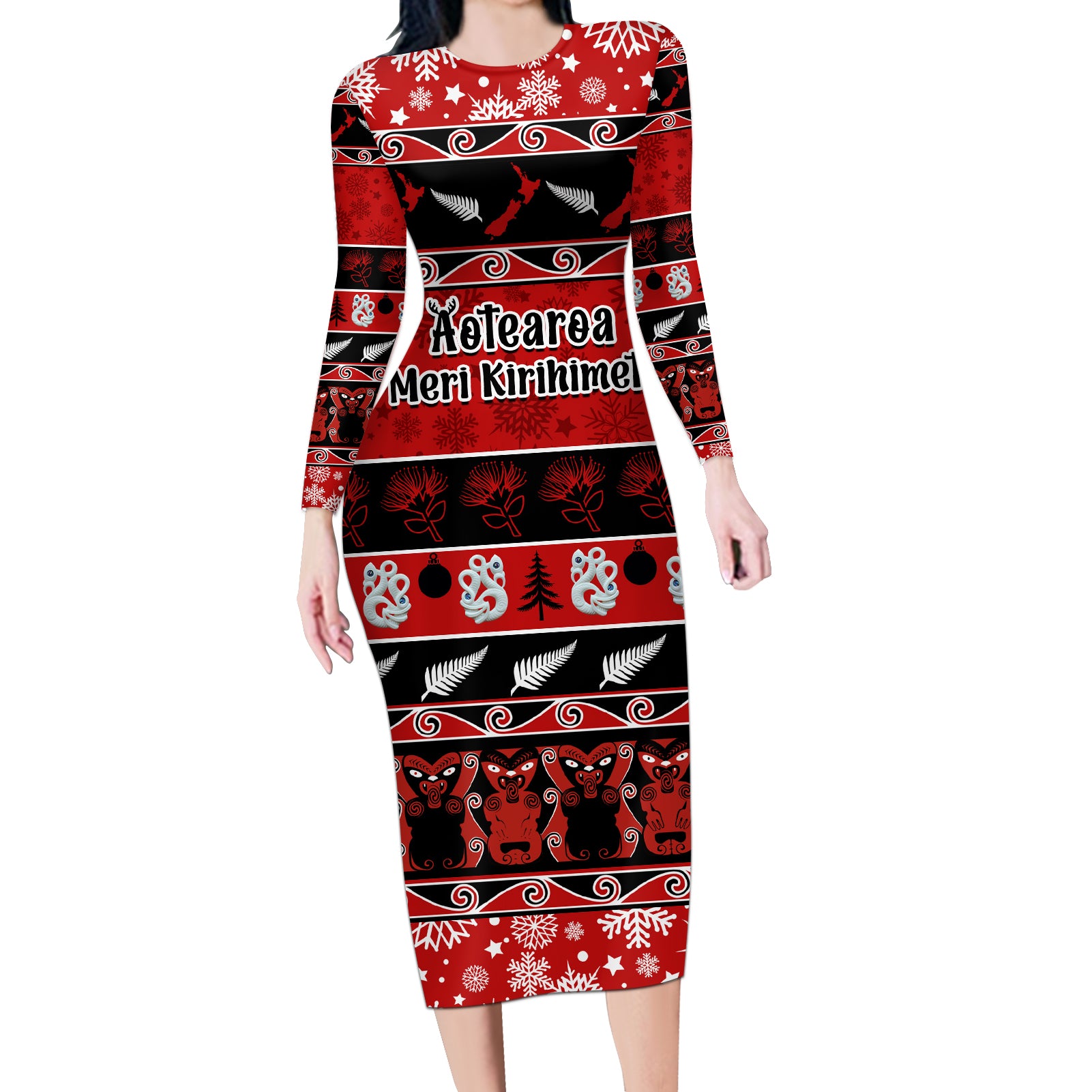 Personalised New Zealand Christmas Long Sleeve Bodycon Dress Aotearoa Kiwi Meri Kirihimete Red Version LT14 Long Dress Red - Polynesian Pride