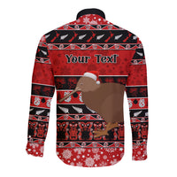 Personalised New Zealand Christmas Long Sleeve Button Shirt Aotearoa Kiwi Meri Kirihimete Red Version LT14 - Polynesian Pride