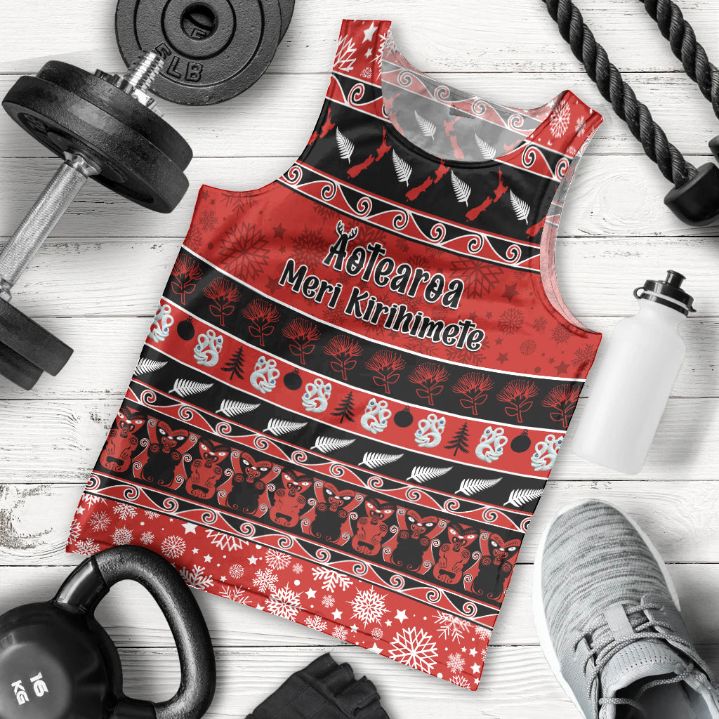 Personalised New Zealand Christmas Men Tank Top Aotearoa Kiwi Meri Kirihimete Red Version LT14 - Polynesian Pride