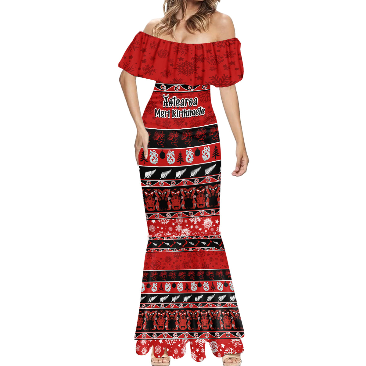 Personalised New Zealand Christmas Mermaid Dress Aotearoa Kiwi Meri Kirihimete Red Version LT14 - Polynesian Pride