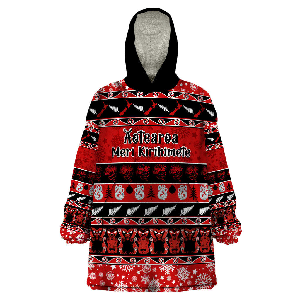 Personalised New Zealand Christmas Wearable Blanket Hoodie Aotearoa Kiwi Meri Kirihimete Red Version LT14 One Size Red - Polynesian Pride