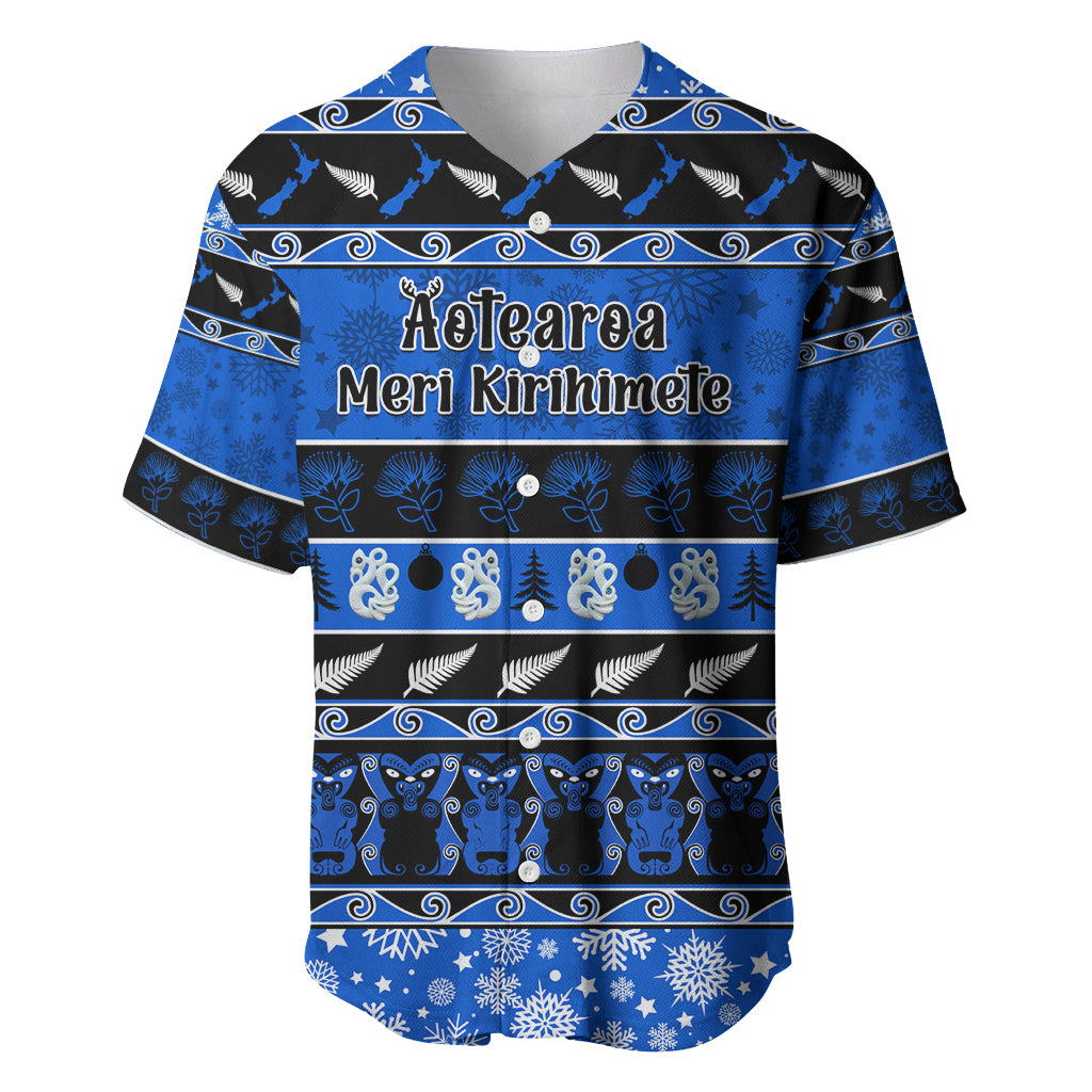 Personalised New Zealand Christmas Baseball Jersey Aotearoa Kiwi Meri Kirihimete Blue Version LT14 Blue - Polynesian Pride