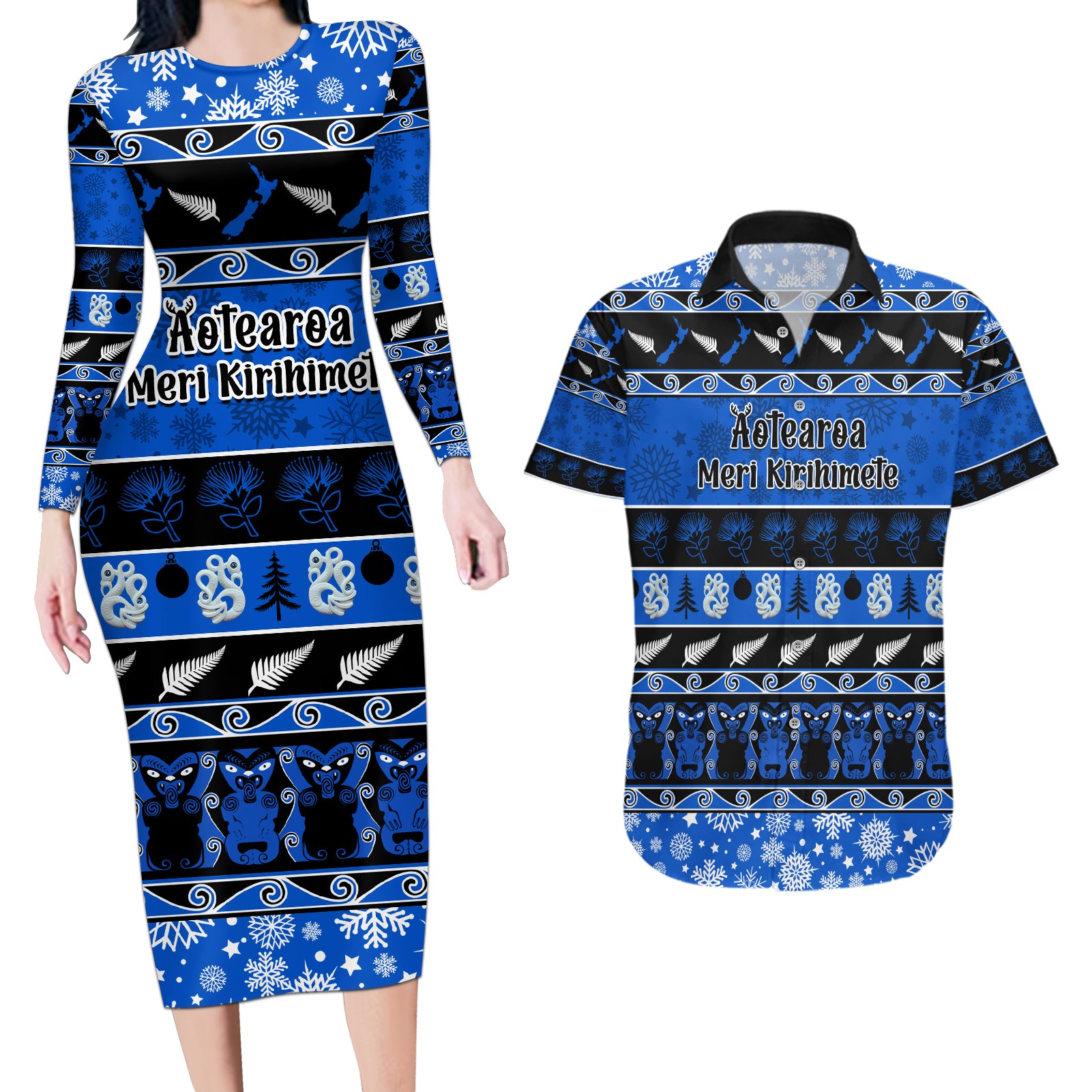 Personalised New Zealand Christmas Couples Matching Long Sleeve Bodycon Dress and Hawaiian Shirt Aotearoa Kiwi Meri Kirihimete Blue Version LT14 Blue - Polynesian Pride