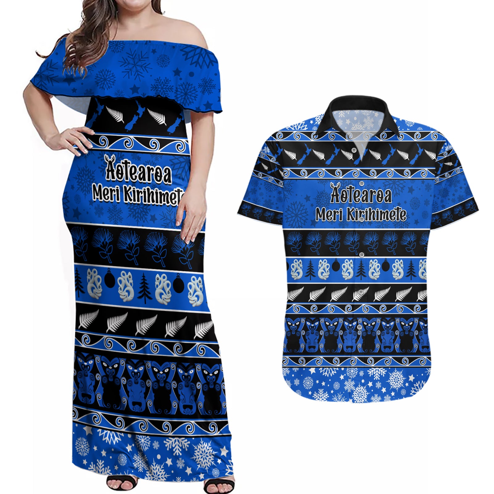 Personalised New Zealand Christmas Couples Matching Off Shoulder Maxi Dress and Hawaiian Shirt Aotearoa Kiwi Meri Kirihimete Blue Version LT14 Blue - Polynesian Pride