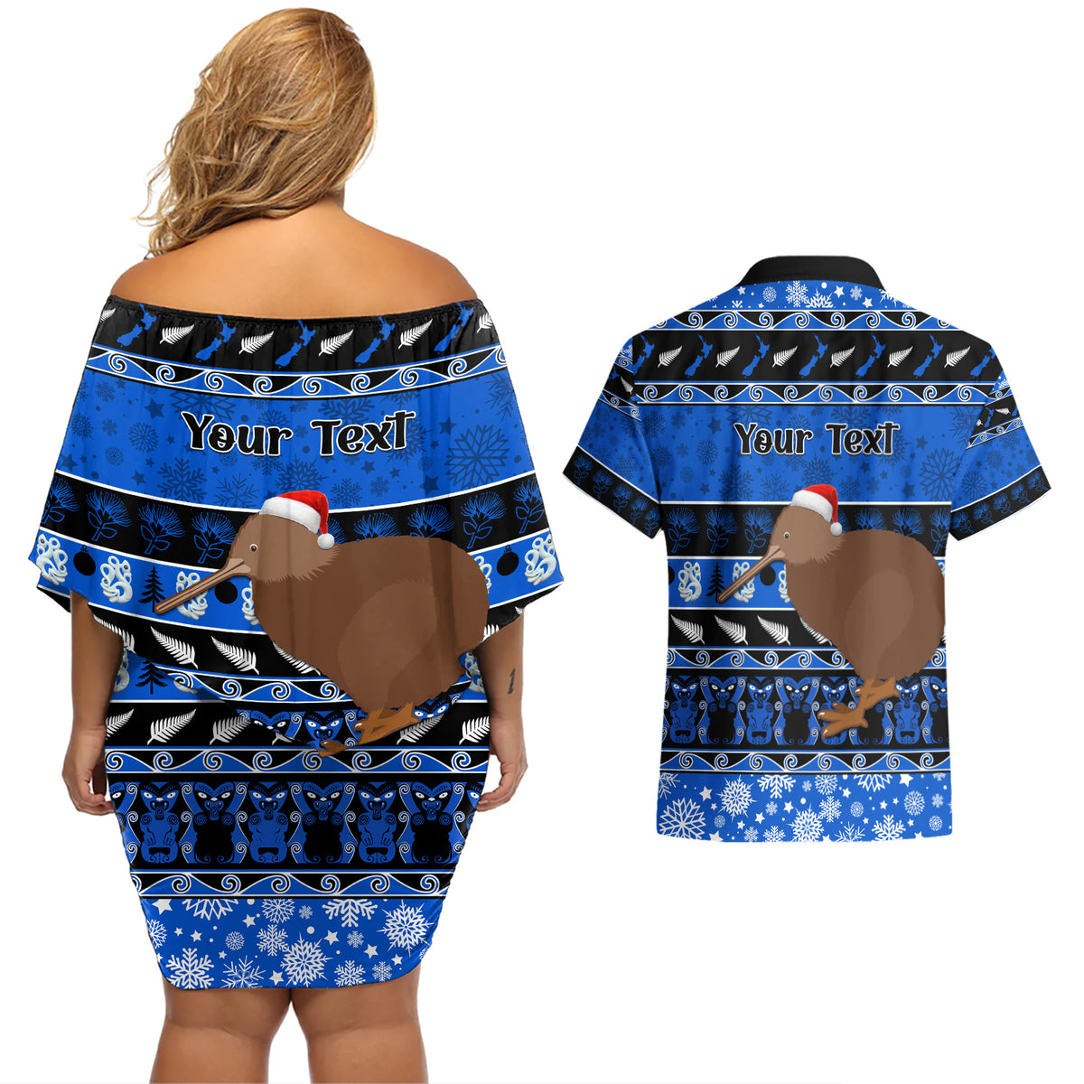 Personalised New Zealand Christmas Couples Matching Off Shoulder Short Dress and Hawaiian Shirt Aotearoa Kiwi Meri Kirihimete Blue Version LT14 - Polynesian Pride