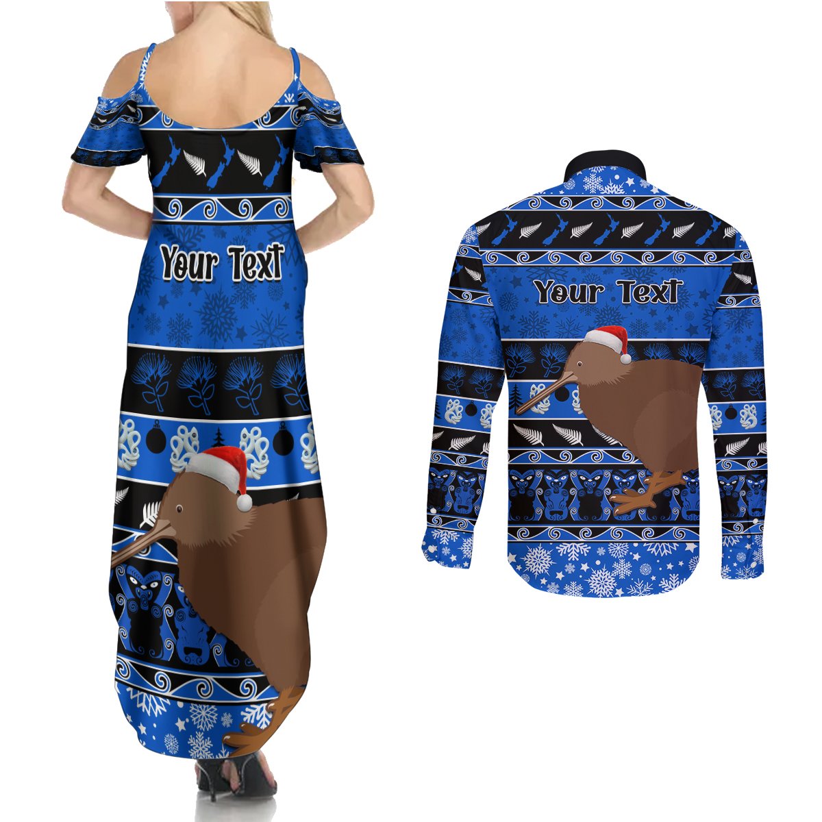 Personalised New Zealand Christmas Couples Matching Summer Maxi Dress and Long Sleeve Button Shirt Aotearoa Kiwi Meri Kirihimete Blue Version LT14 - Polynesian Pride