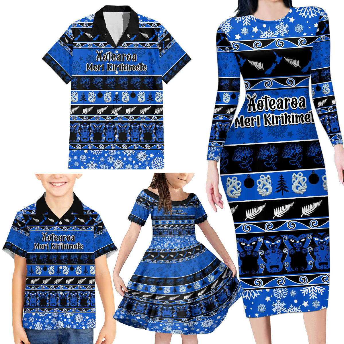 Personalised New Zealand Christmas Family Matching Long Sleeve Bodycon Dress and Hawaiian Shirt Aotearoa Kiwi Meri Kirihimete Blue Version LT14 - Polynesian Pride