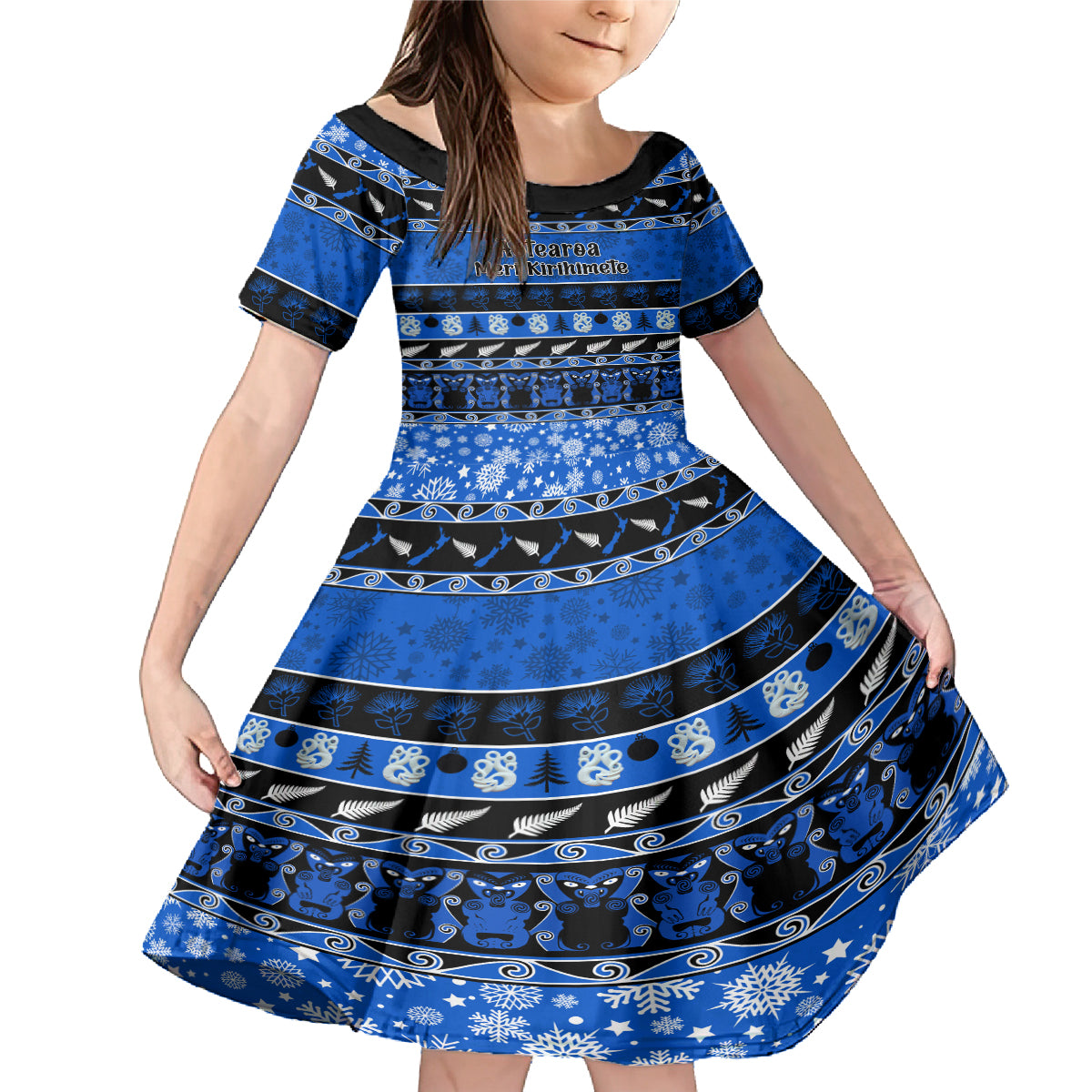 Personalised New Zealand Christmas Family Matching Mermaid Dress and Hawaiian Shirt Aotearoa Kiwi Meri Kirihimete Blue Version LT14 Daughter's Dress Blue - Polynesian Pride