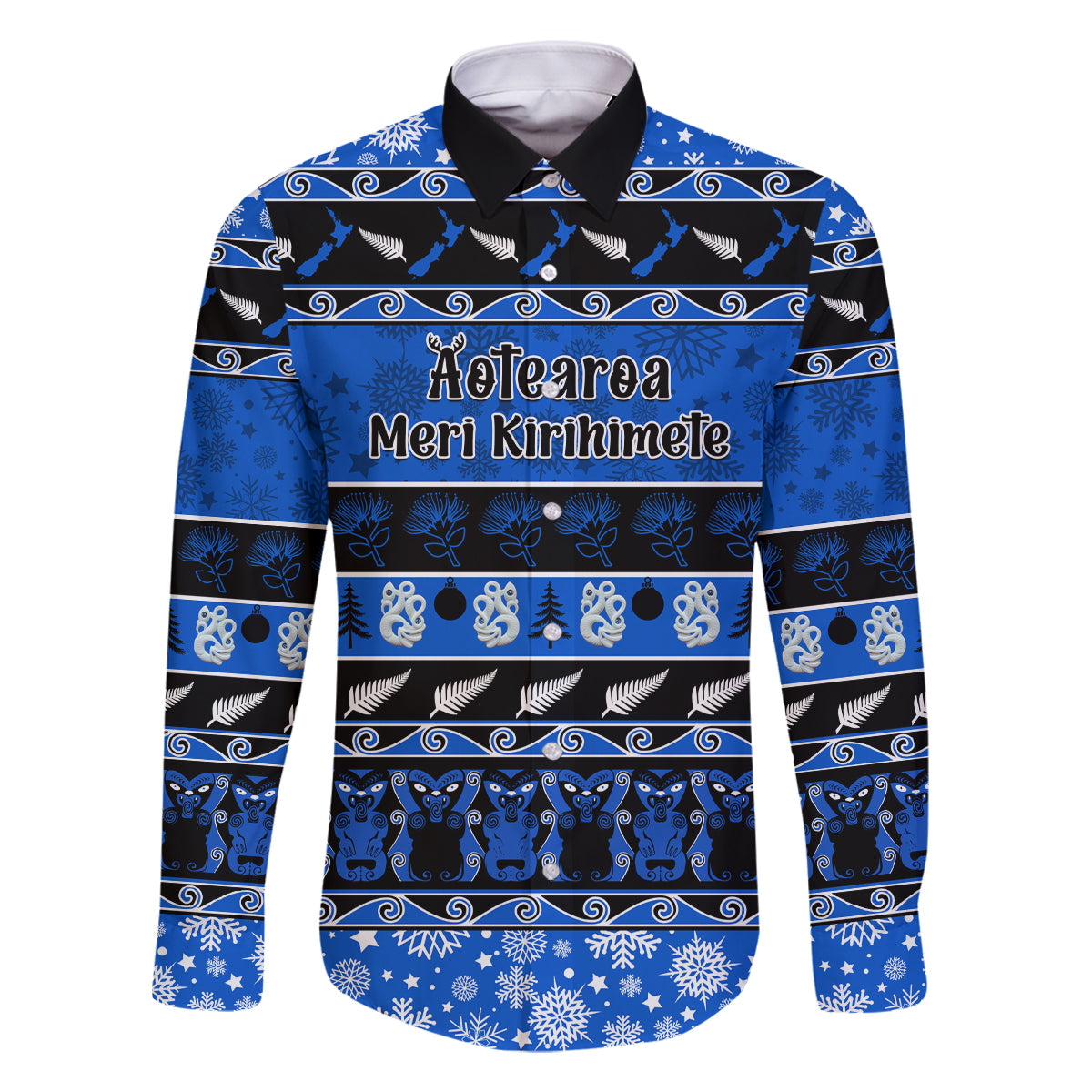 Personalised New Zealand Christmas Family Matching Off Shoulder Long Sleeve Dress and Hawaiian Shirt Aotearoa Kiwi Meri Kirihimete Blue Version LT14 Dad's Shirt - Long Sleeve Blue - Polynesian Pride