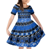 Personalised New Zealand Christmas Family Matching Puletasi Dress and Hawaiian Shirt Aotearoa Kiwi Meri Kirihimete Blue Version LT14 Daughter's Dress Blue - Polynesian Pride