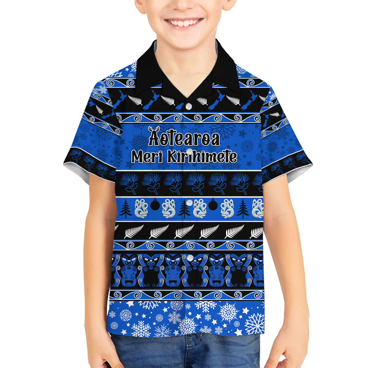 Personalised New Zealand Christmas Family Matching Puletasi Dress and Hawaiian Shirt Aotearoa Kiwi Meri Kirihimete Blue Version LT14 Son's Shirt Blue - Polynesian Pride