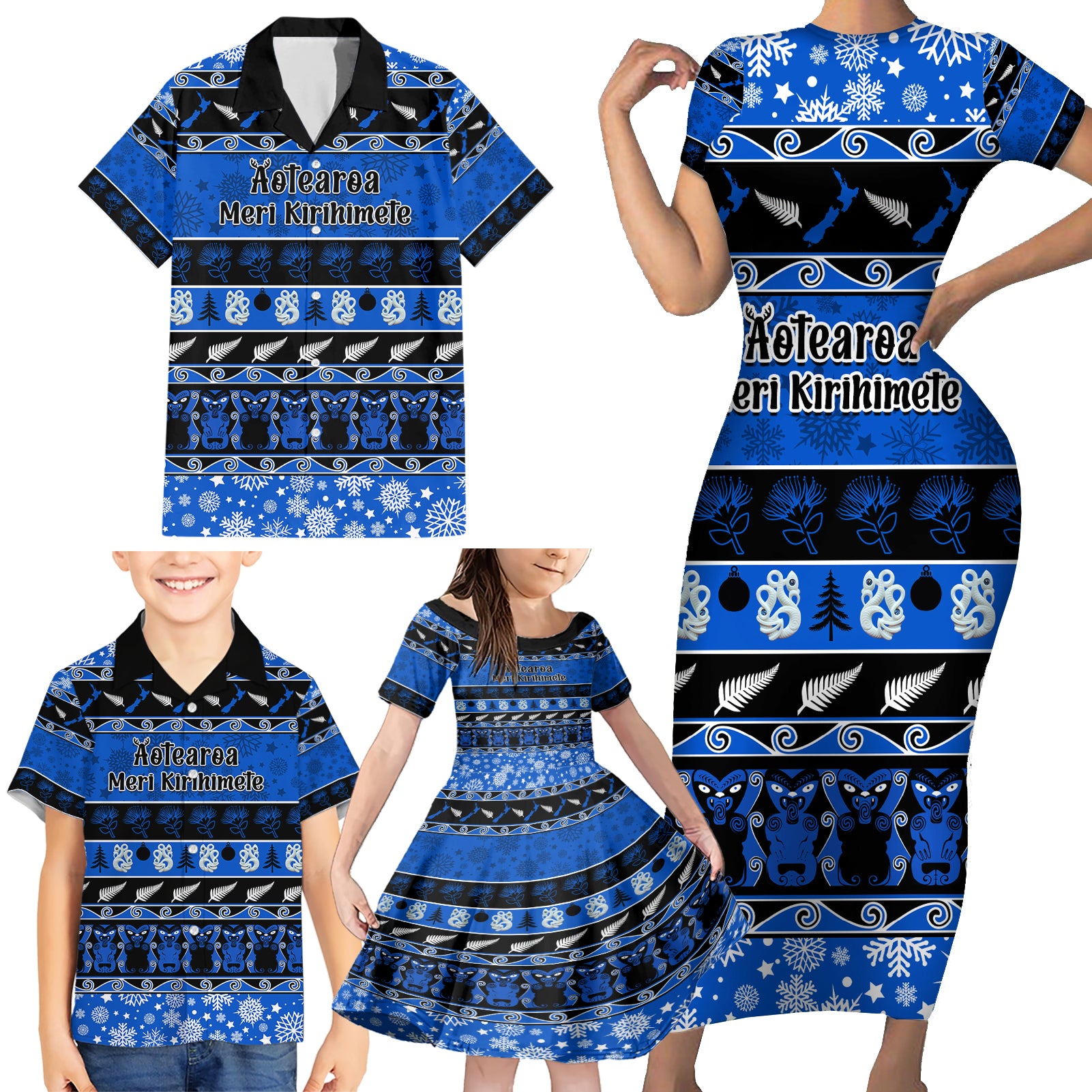 Personalised New Zealand Christmas Family Matching Short Sleeve Bodycon Dress and Hawaiian Shirt Aotearoa Kiwi Meri Kirihimete Blue Version LT14 - Polynesian Pride