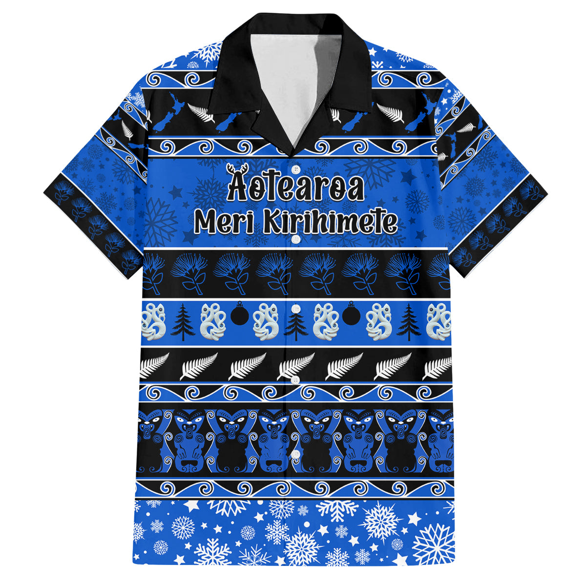 Personalised New Zealand Christmas Family Matching Summer Maxi Dress and Hawaiian Shirt Aotearoa Kiwi Meri Kirihimete Blue Version LT14 Dad's Shirt - Short Sleeve Blue - Polynesian Pride
