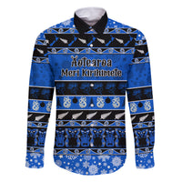 Personalised New Zealand Christmas Family Matching Tank Maxi Dress and Hawaiian Shirt Aotearoa Kiwi Meri Kirihimete Blue Version LT14 Dad's Shirt - Long Sleeve Blue - Polynesian Pride