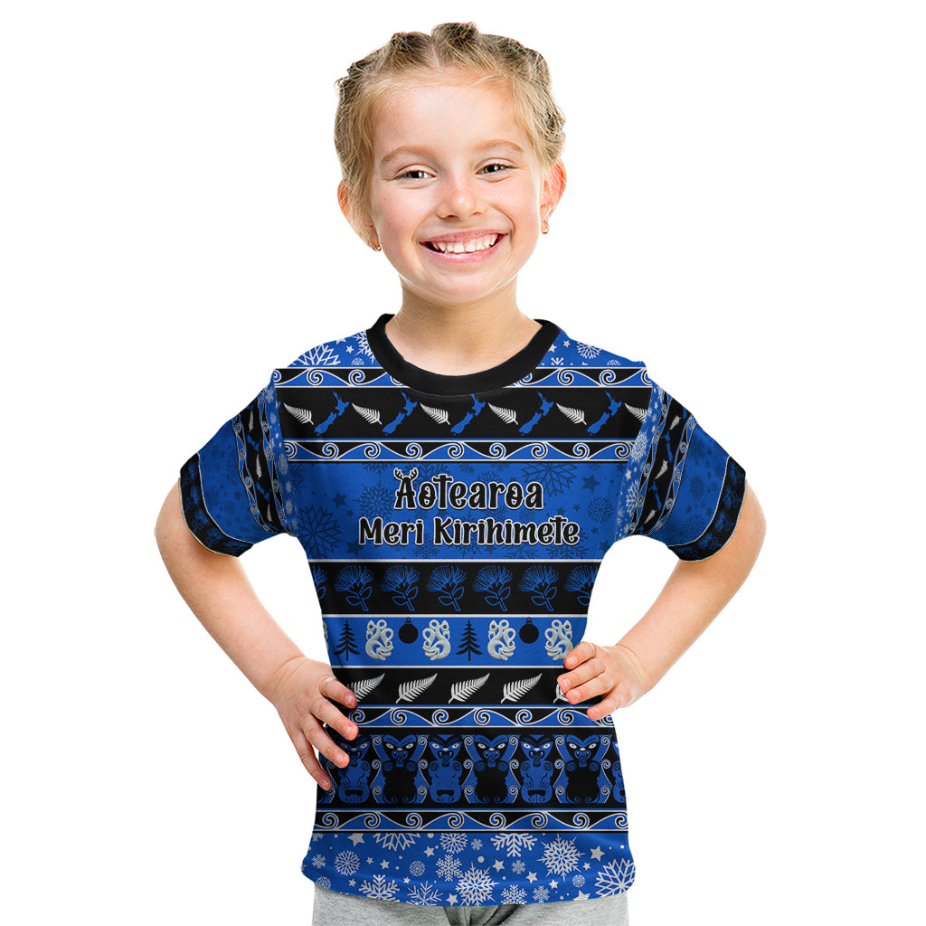 Personalised New Zealand Christmas Kid T Shirt Aotearoa Kiwi Meri Kirihimete Blue Version LT14 Blue - Polynesian Pride