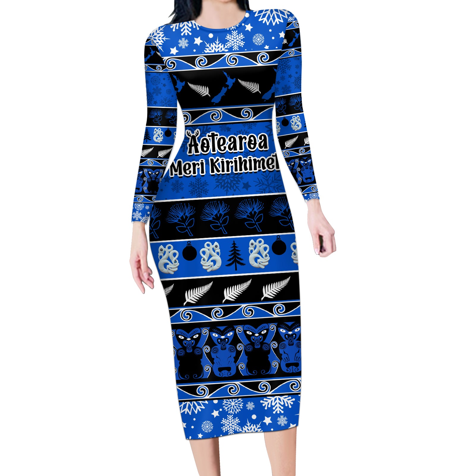 Personalised New Zealand Christmas Long Sleeve Bodycon Dress Aotearoa Kiwi Meri Kirihimete Blue Version LT14 Long Dress Blue - Polynesian Pride