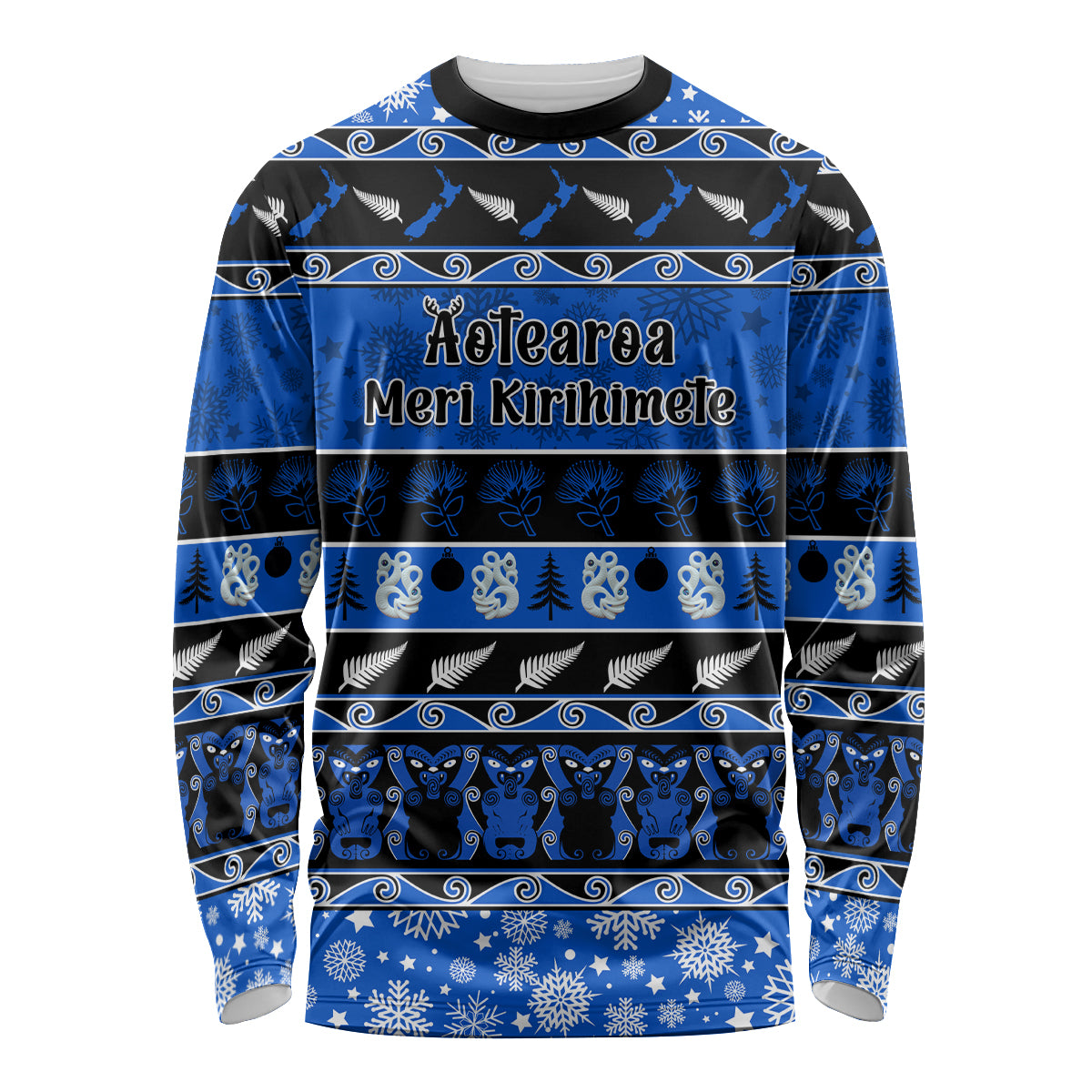 Personalised New Zealand Christmas Long Sleeve Shirt Aotearoa Kiwi Meri Kirihimete Blue Version LT14 Unisex Blue - Polynesian Pride