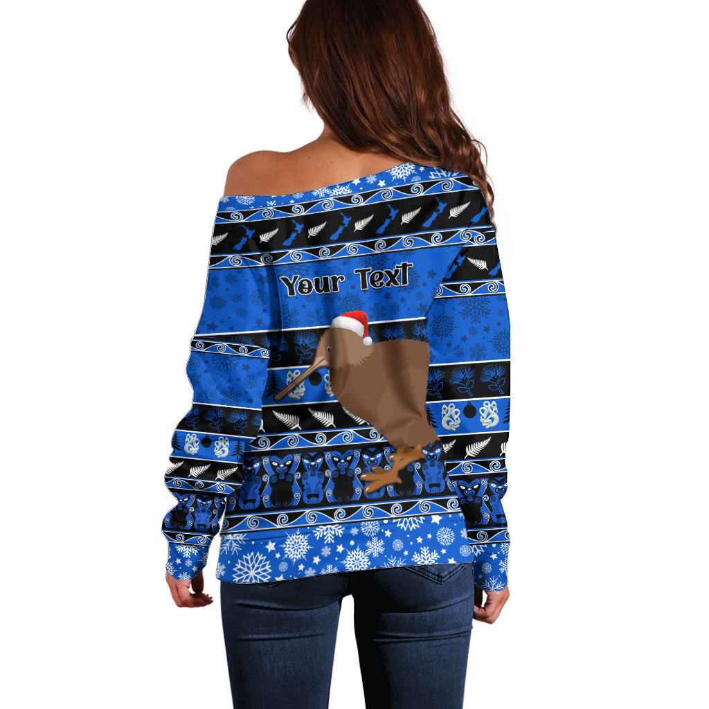 Personalised New Zealand Christmas Off Shoulder Sweater Aotearoa Kiwi Meri Kirihimete Blue Version LT14 - Polynesian Pride