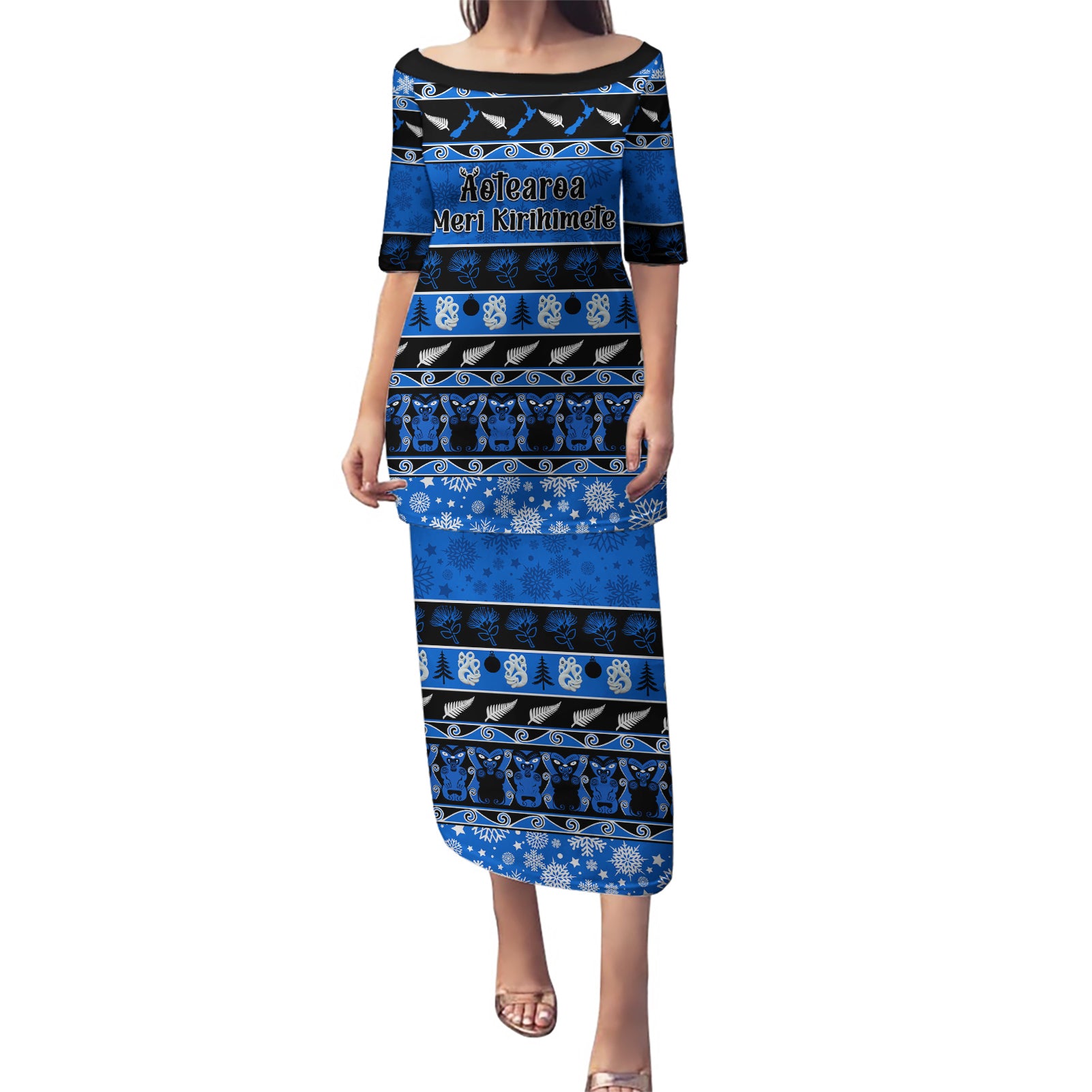 Personalised New Zealand Christmas Puletasi Aotearoa Kiwi Meri Kirihimete Blue Version LT14 Long Dress Blue - Polynesian Pride