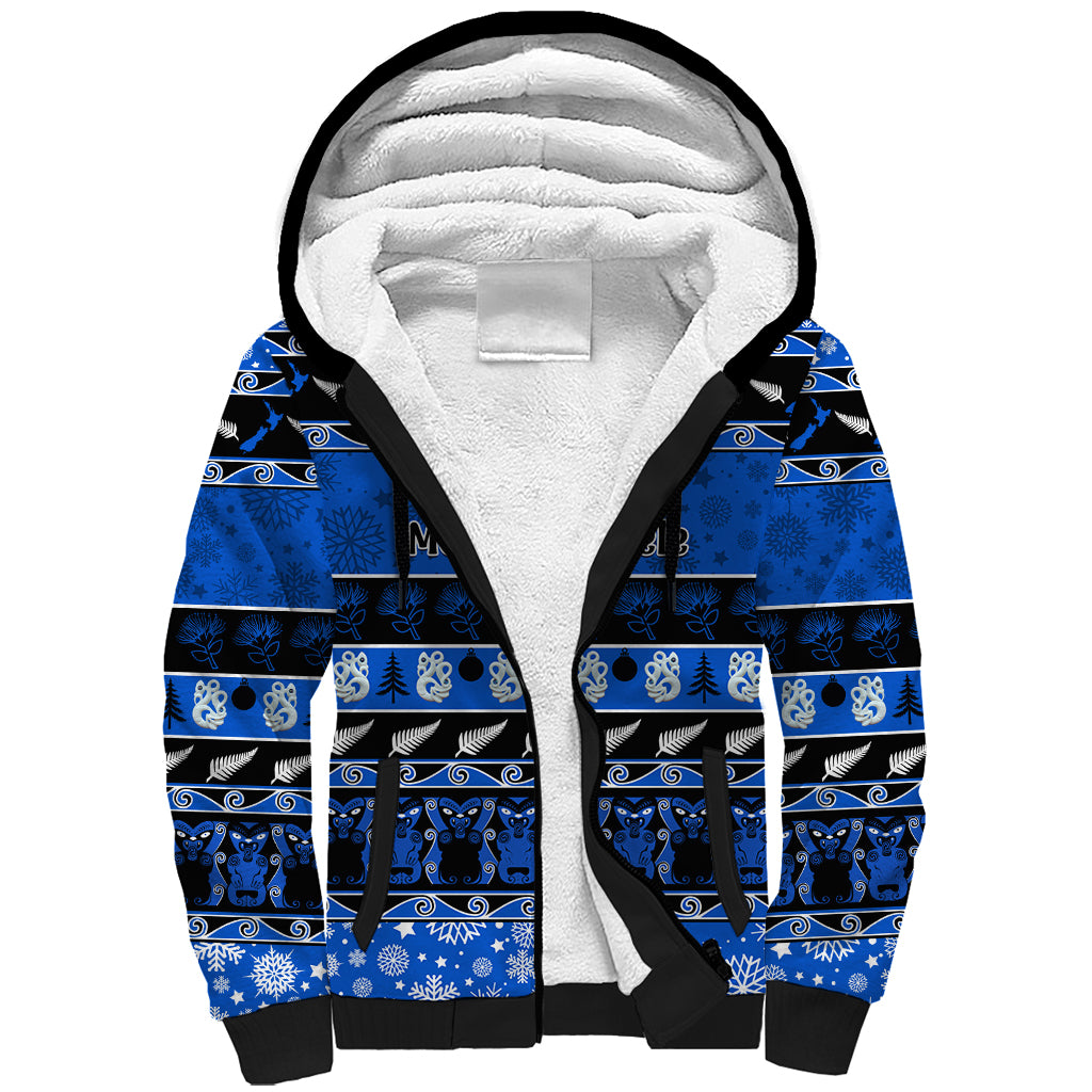 Personalised New Zealand Christmas Sherpa Hoodie Aotearoa Kiwi Meri Kirihimete Blue Version LT14 Unisex Blue - Polynesian Pride