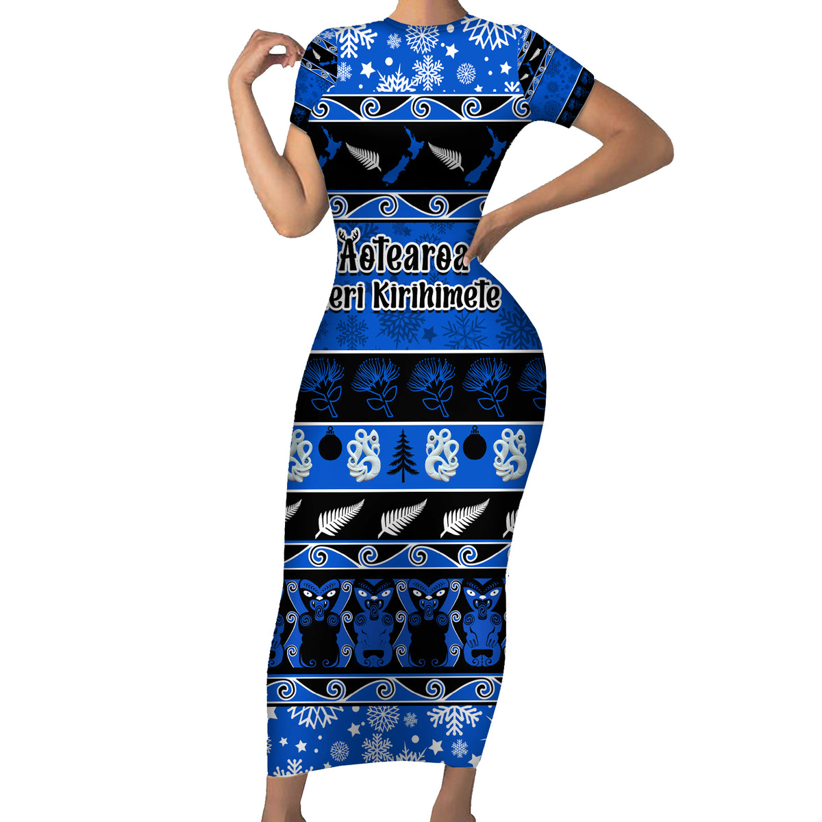 Personalised New Zealand Christmas Short Sleeve Bodycon Dress Aotearoa Kiwi Meri Kirihimete Blue Version LT14 Long Dress Blue - Polynesian Pride